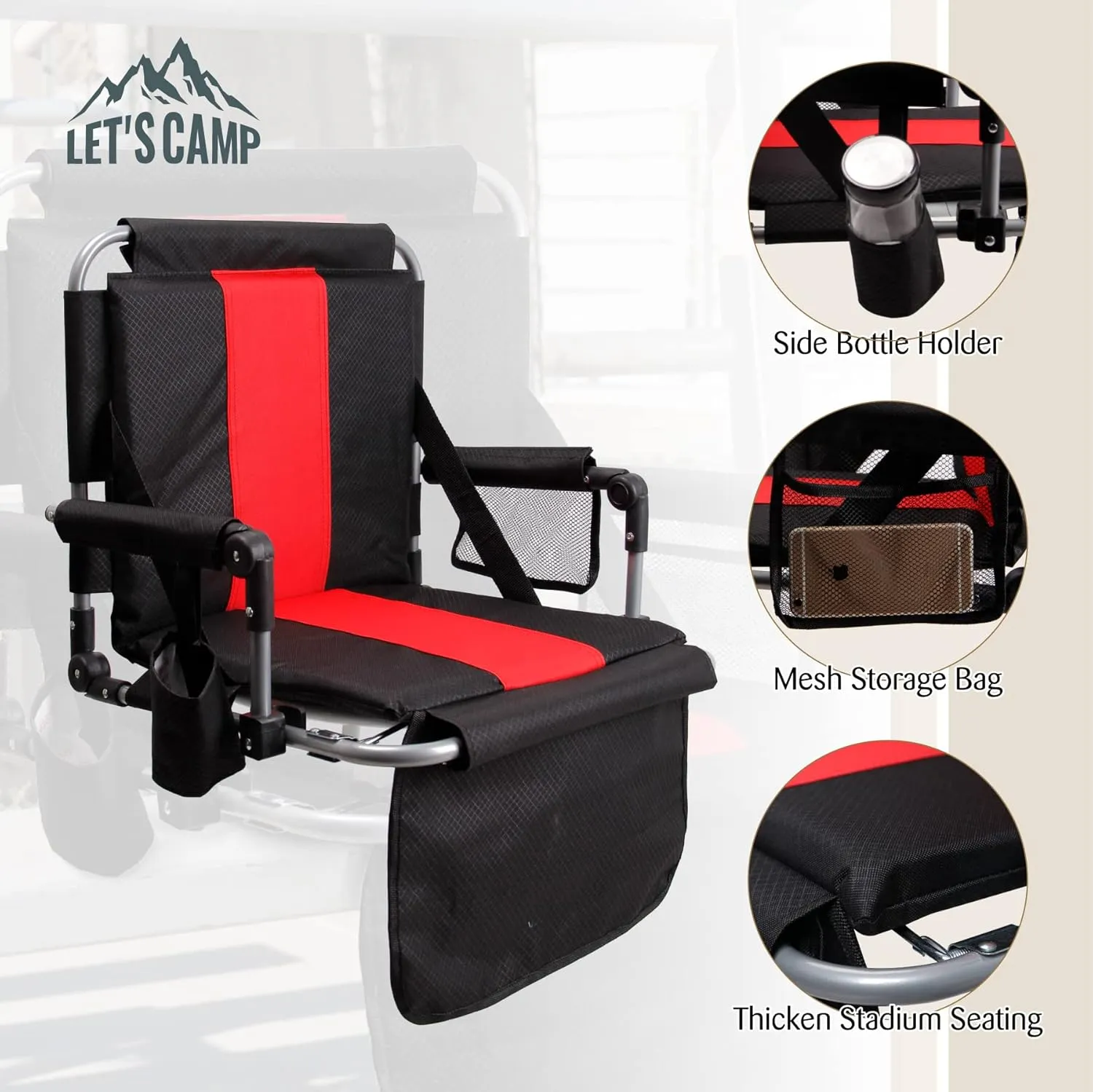 LET'S CAMP Folding Stadium Seat Bleacher Chair with Cup Holder, Mesh Bag and Hide Hooks, Portable Stadium Chair with Back and Cushion