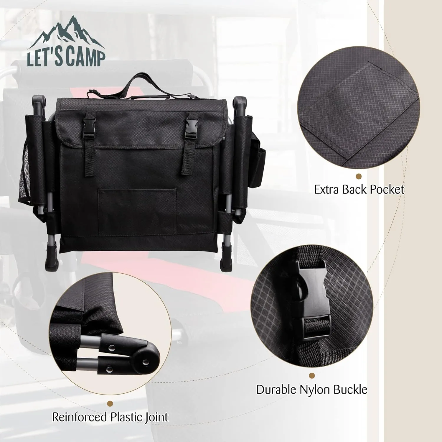 LET'S CAMP Folding Stadium Seat Bleacher Chair with Cup Holder, Mesh Bag and Hide Hooks, Portable Stadium Chair with Back and Cushion