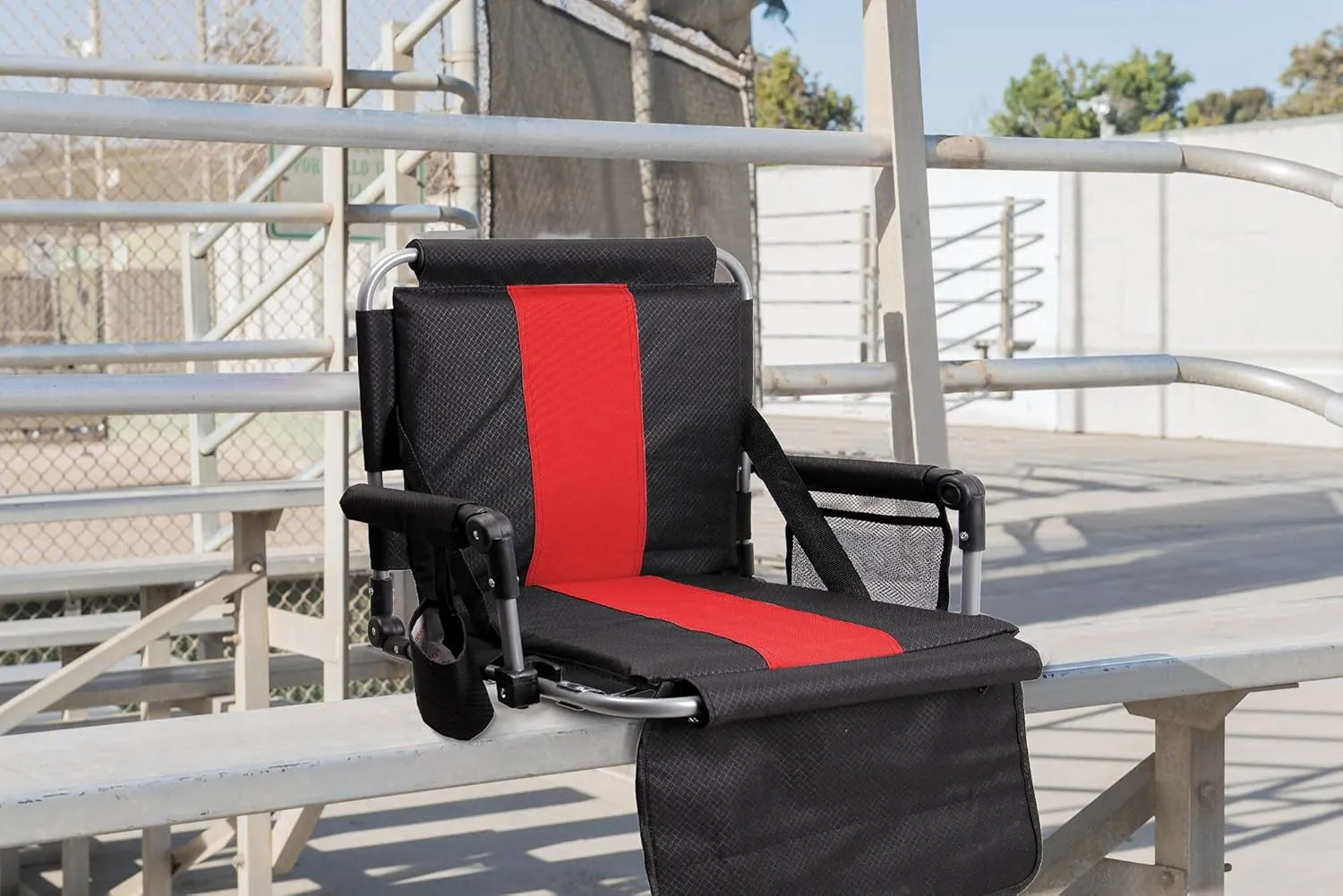 LET'S CAMP Folding Stadium Seat Bleacher Chair with Cup Holder, Mesh Bag and Hide Hooks, Portable Stadium Chair with Back and Cushion
