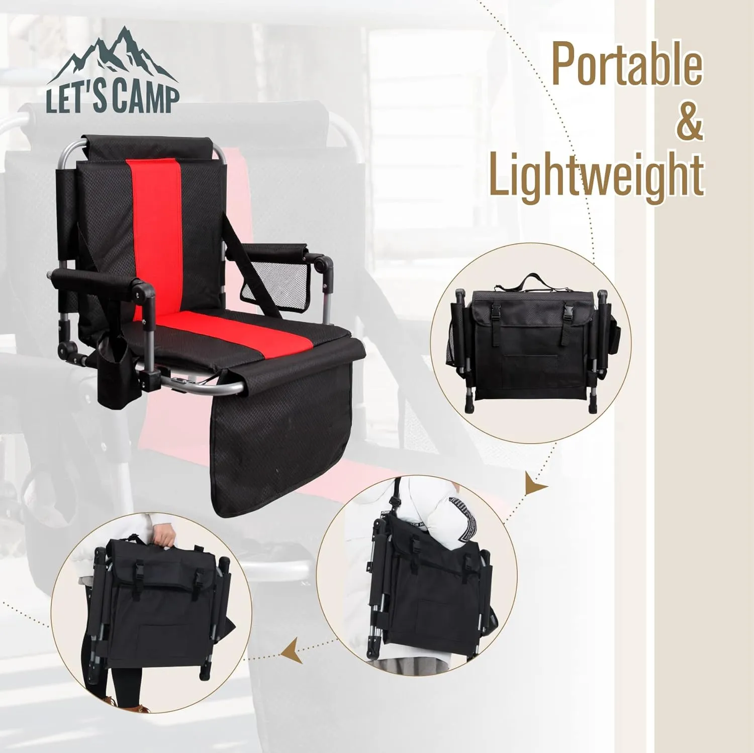 LET'S CAMP Folding Stadium Seat Bleacher Chair with Cup Holder, Mesh Bag and Hide Hooks, Portable Stadium Chair with Back and Cushion