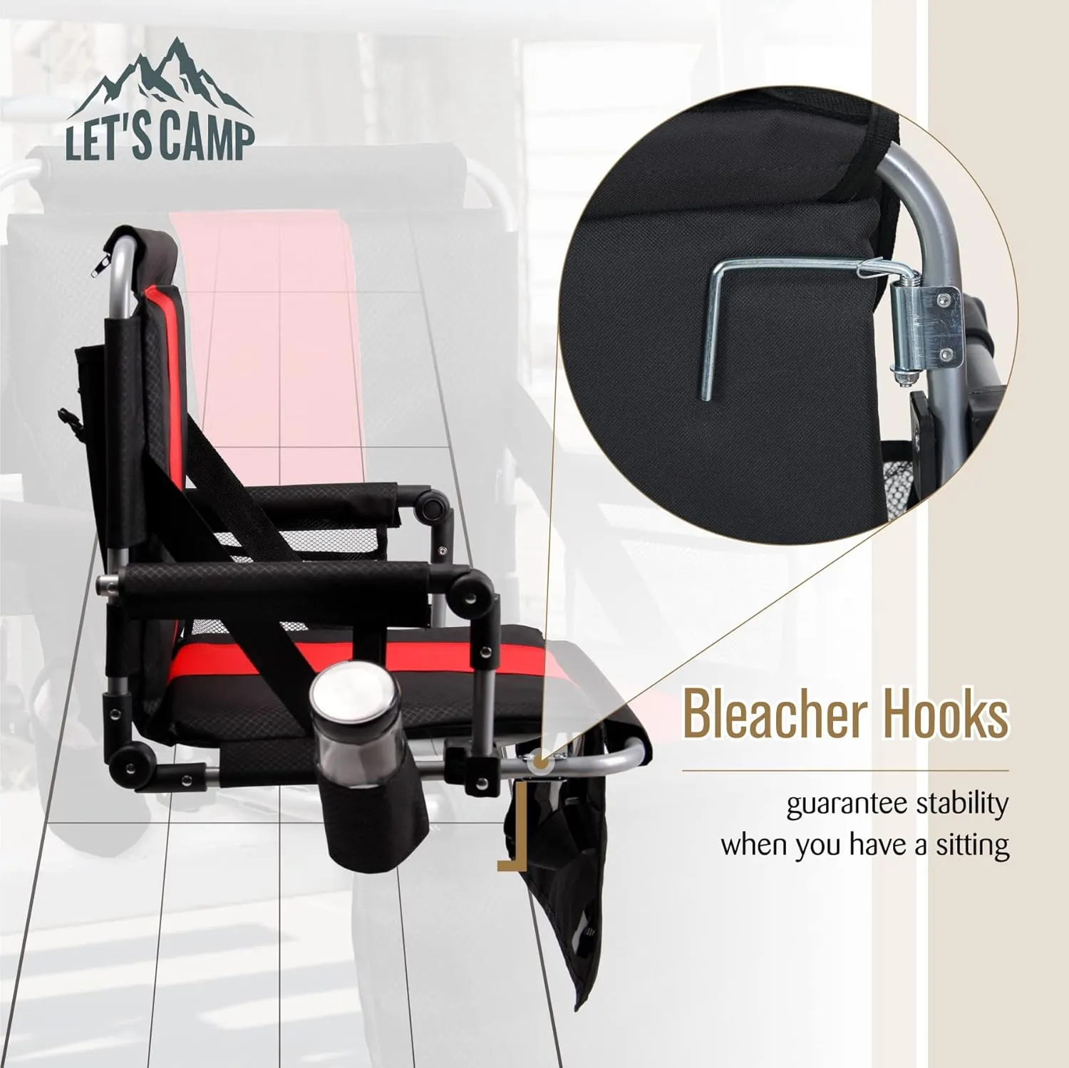 LET'S CAMP Folding Stadium Seat Bleacher Chair with Cup Holder, Mesh Bag and Hide Hooks, Portable Stadium Chair with Back and Cushion