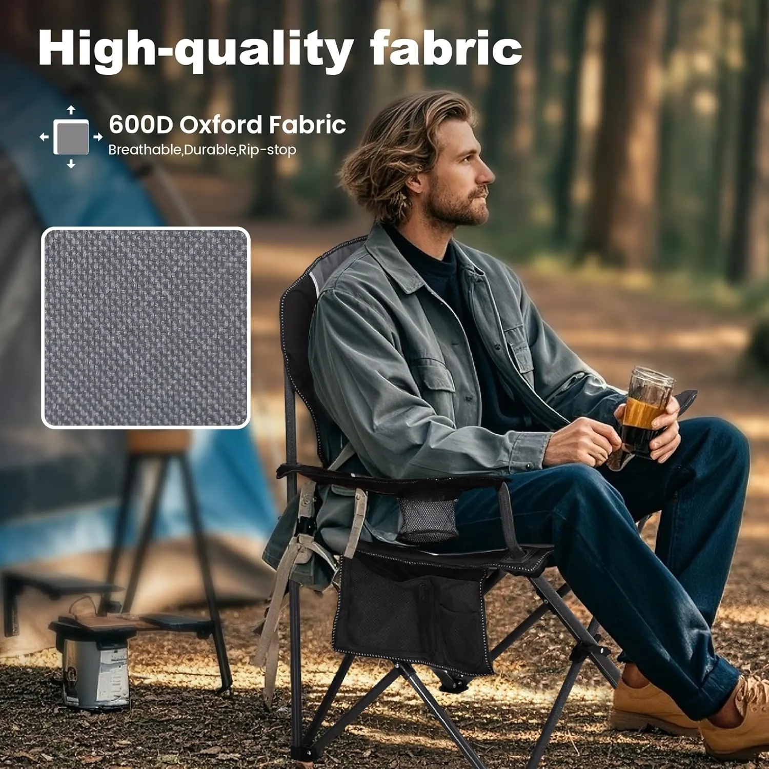 LET'S CAMP Oversized Outdoor Folding Camping Chair, Heavy Duty Arm Chair with Cup Holder and Storage Bag, 350 LBS Weight Capacity, Grey
