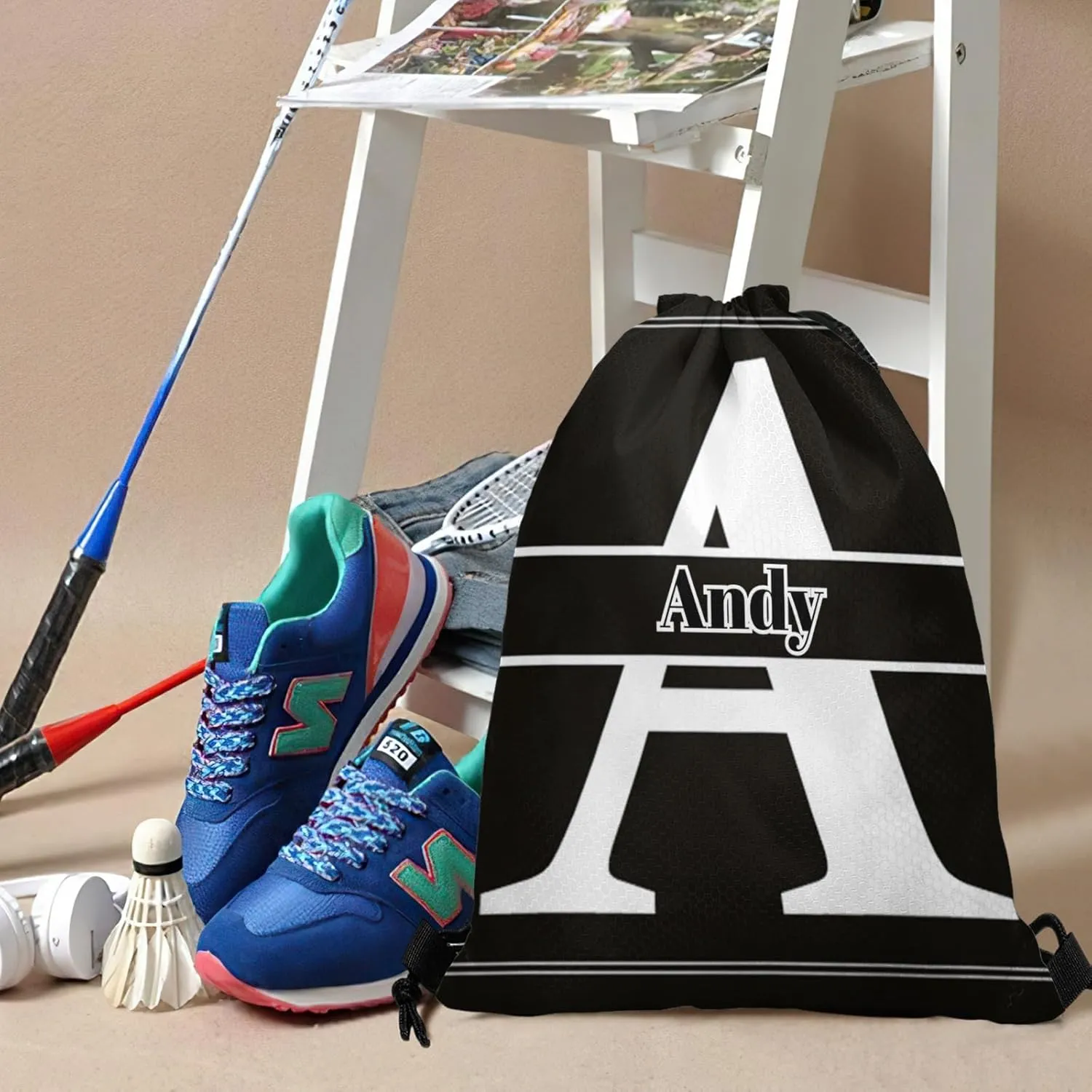 Letter A Drawstring Backpack Bag Sports Waterproof Storage Bags for Gym Yoga Competition Traveling