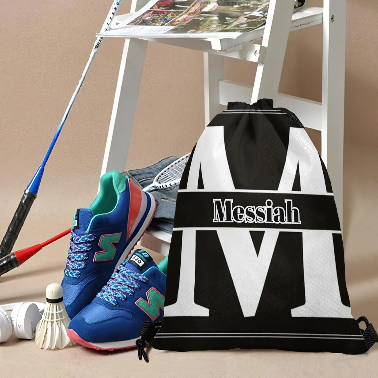 Letter M Drawstring Backpack Bag Sports Waterproof Storage Bags for Gym Yoga Competition Traveling