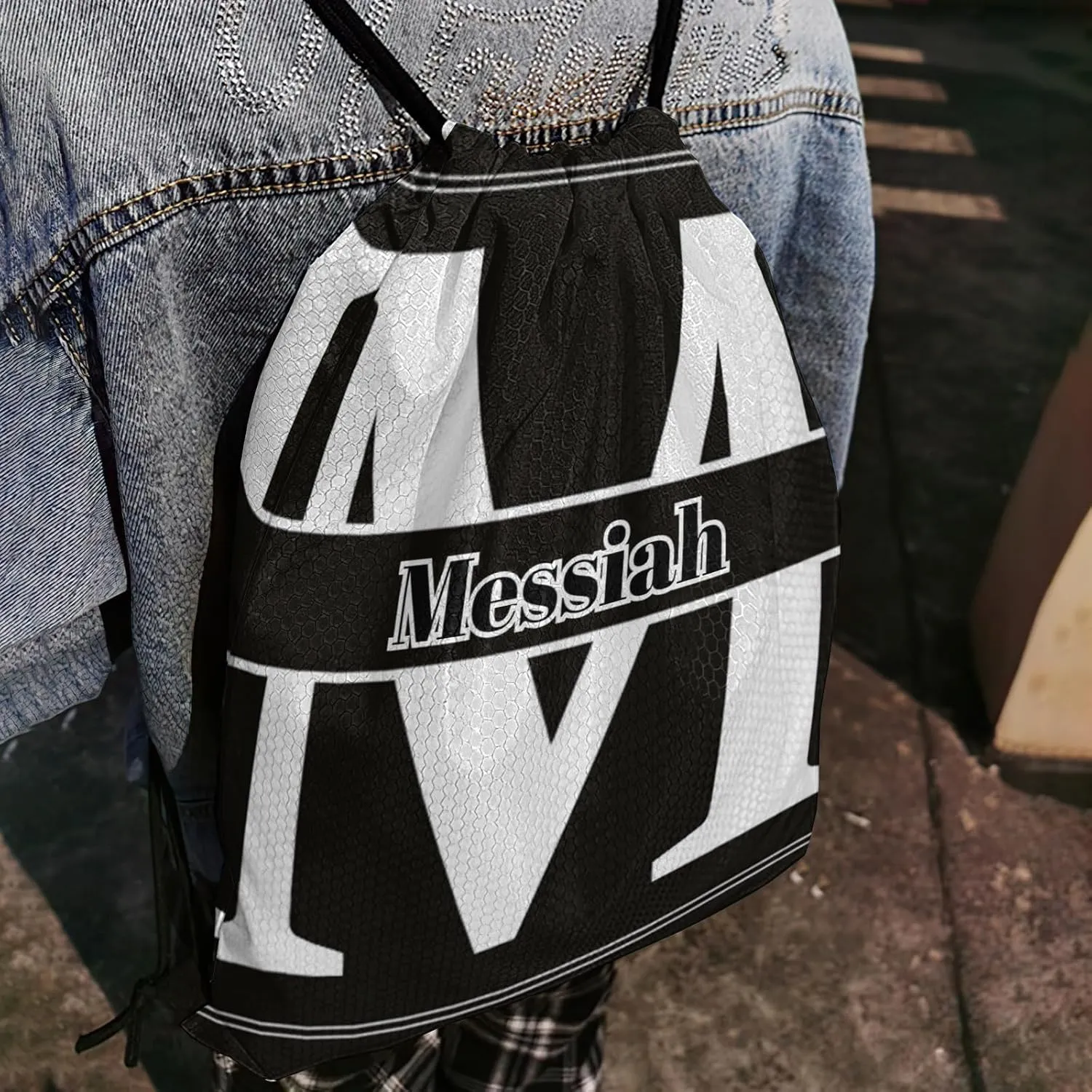 Letter M Drawstring Backpack Bag Sports Waterproof Storage Bags for Gym Yoga Competition Traveling