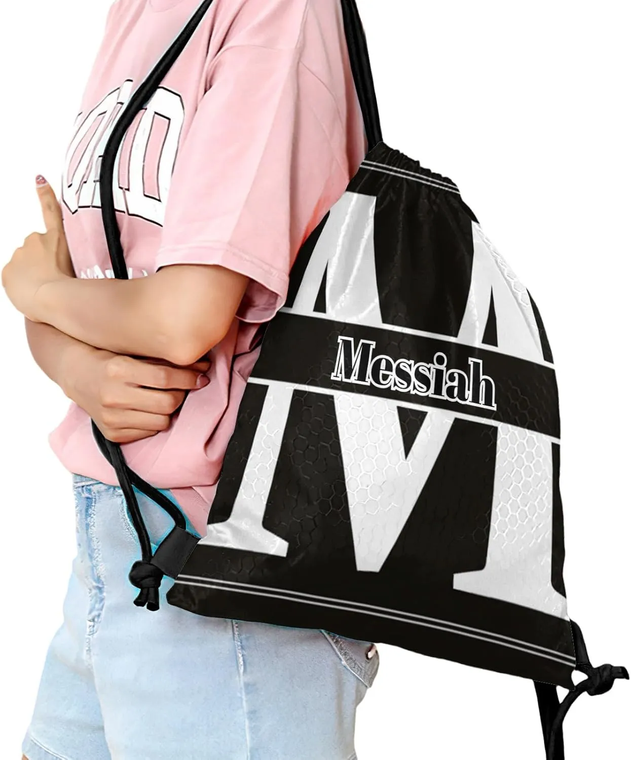 Letter M Drawstring Backpack Bag Sports Waterproof Storage Bags for Gym Yoga Competition Traveling