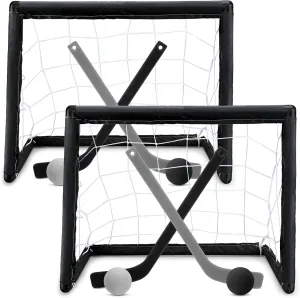 Leyndo 2 Sets Kids Mini Hockey Set Includes 2 Hockey Nets 2 Mini Hockey Goal 4 Plastic Mini Hockey Sticks 4 Foam Balls Knee Hockey Goal Hockey Ball for Kids Indoor Floor (Dark Color)