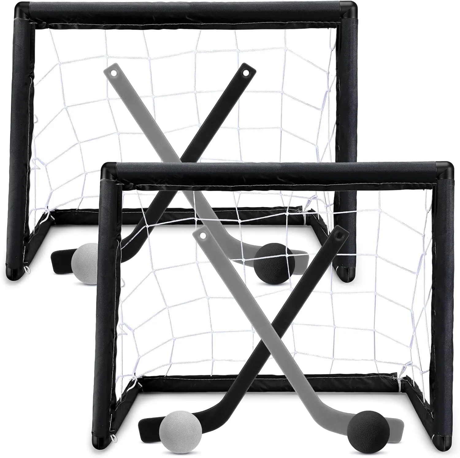 Leyndo 2 Sets Kids Mini Hockey Set Includes 2 Hockey Nets 2 Mini Hockey Goal 4 Plastic Mini Hockey Sticks 4 Foam Balls Knee Hockey Goal Hockey Ball for Kids Indoor Floor (Dark Color)