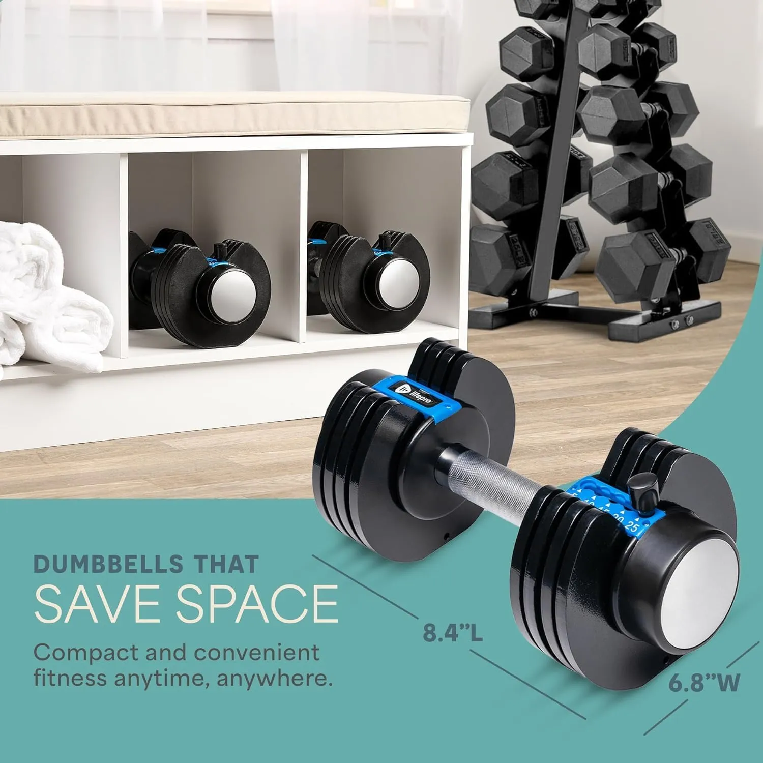 Lifepro Adjustable Dumbbells Set - 5in1-15lb 25lb 43lb weights Set & Single with Rack - Quick Adjust, Secure Grip - Compact Hand Weights for Men Women Home Gym
