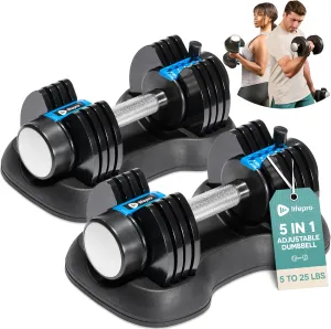 Lifepro Adjustable Dumbbells Set - 5in1-15lb 25lb 43lb weights Set & Single with Rack - Quick Adjust, Secure Grip - Compact Hand Weights for Men Women Home Gym