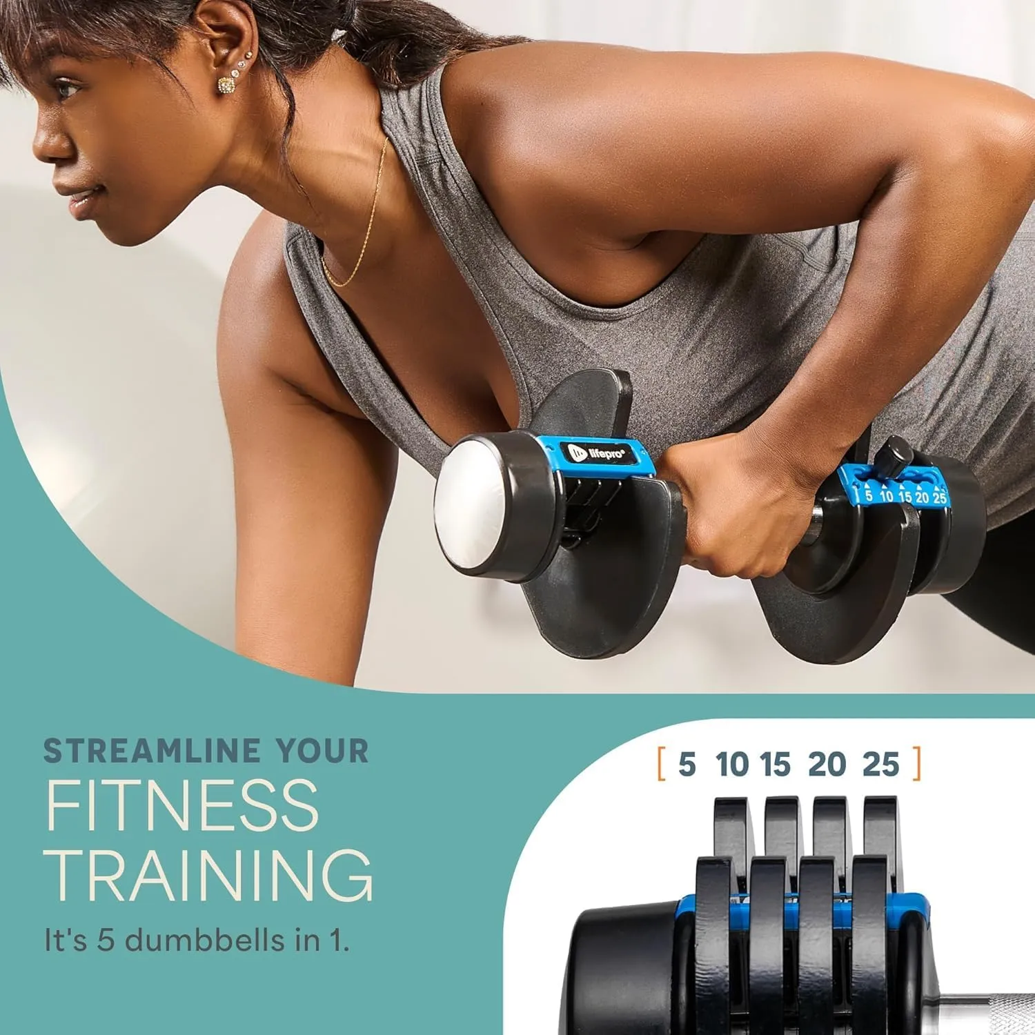 Lifepro Adjustable Dumbbells Set - 5in1-15lb 25lb 43lb weights Set & Single with Rack - Quick Adjust, Secure Grip - Compact Hand Weights for Men Women Home Gym