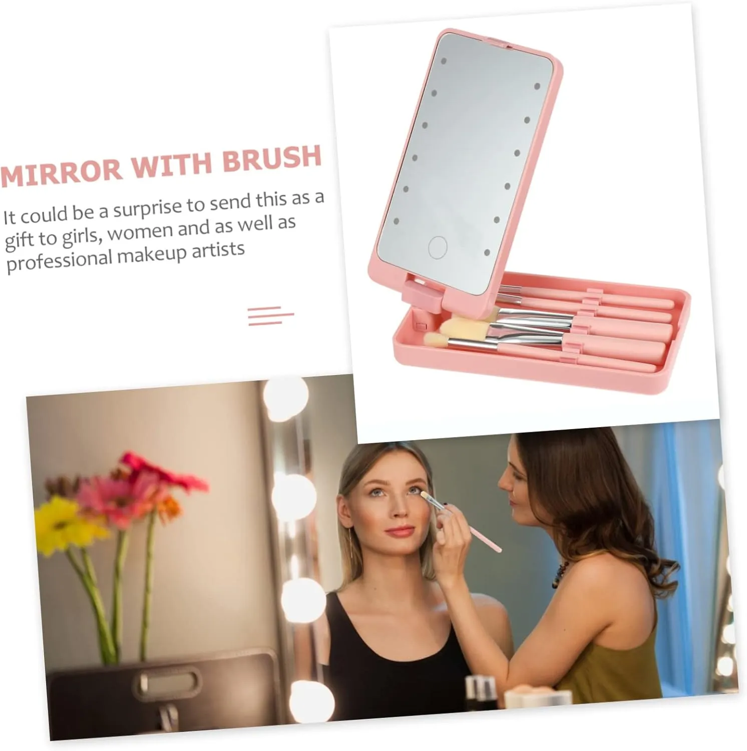 LIFKOME Travel Led Makeup Mirror with Brush Mini Mirror Brush Set for Women for Home