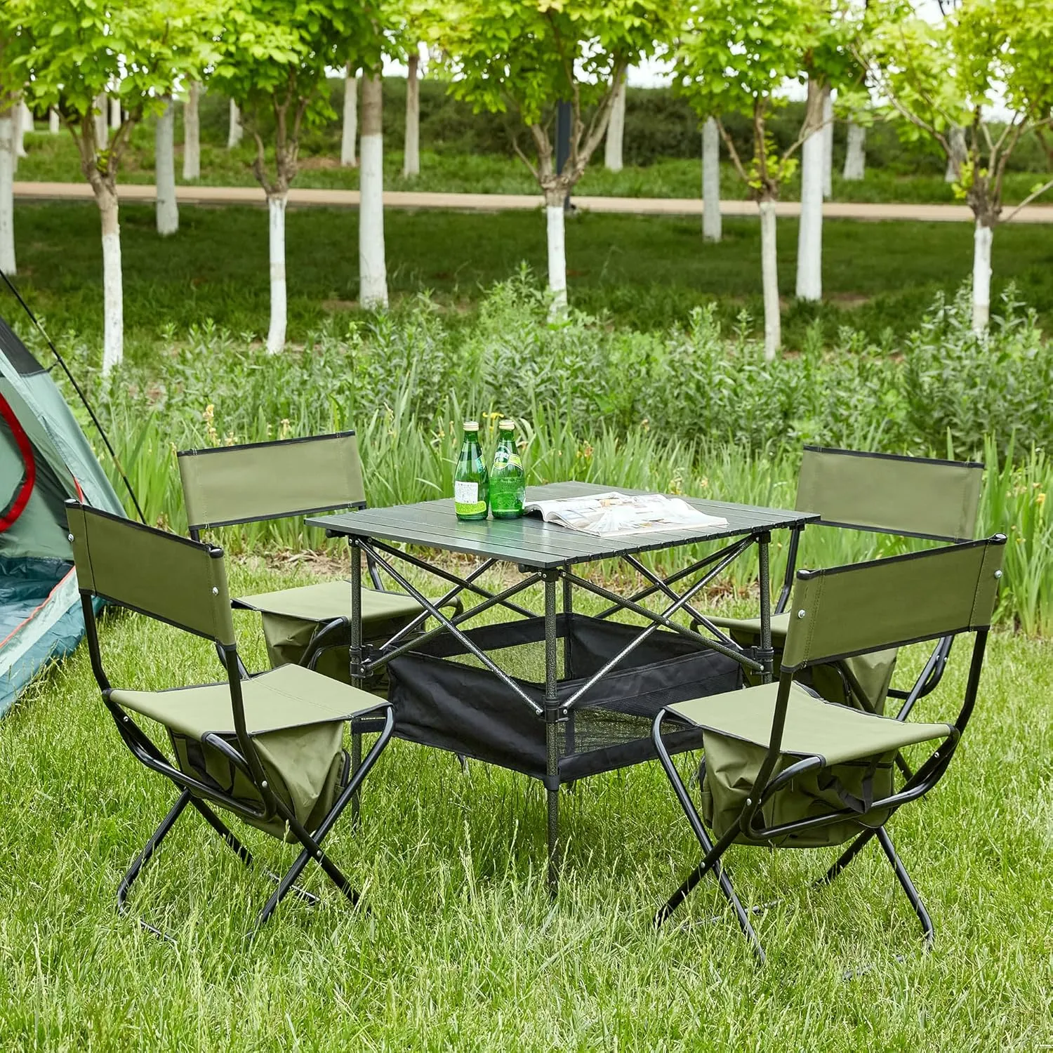 Lightweight and Portable Folding Outdoor Table and Chairs Set for Camping, Picnics, and Parties, Black and Green