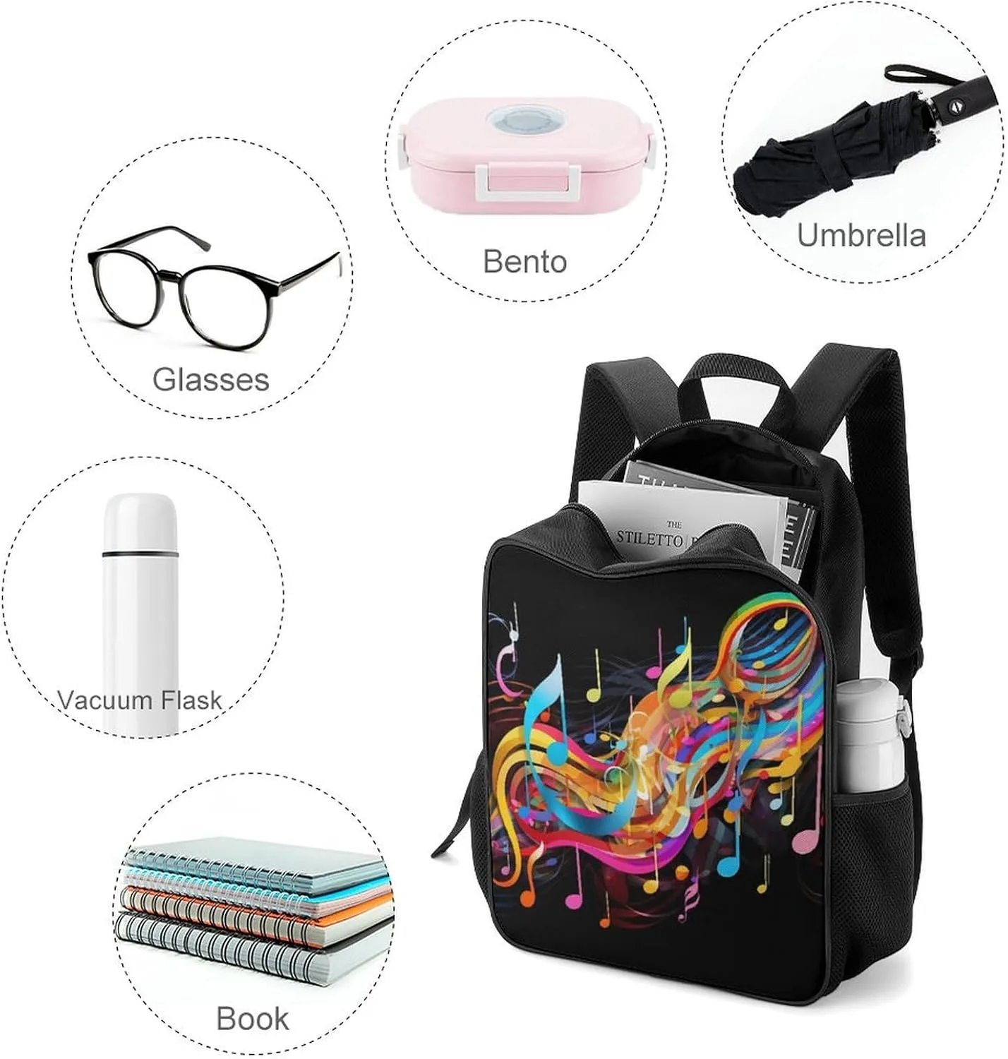 Lightweight Backpacks Cute Travel Bag Durable Colorful Musical Note Printing Small Travel Backpack For Women & Men