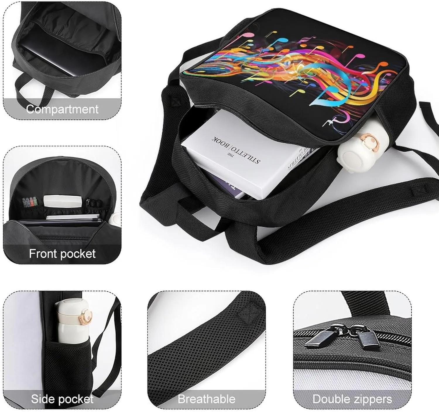 Lightweight Backpacks Cute Travel Bag Durable Colorful Musical Note Printing Small Travel Backpack For Women & Men