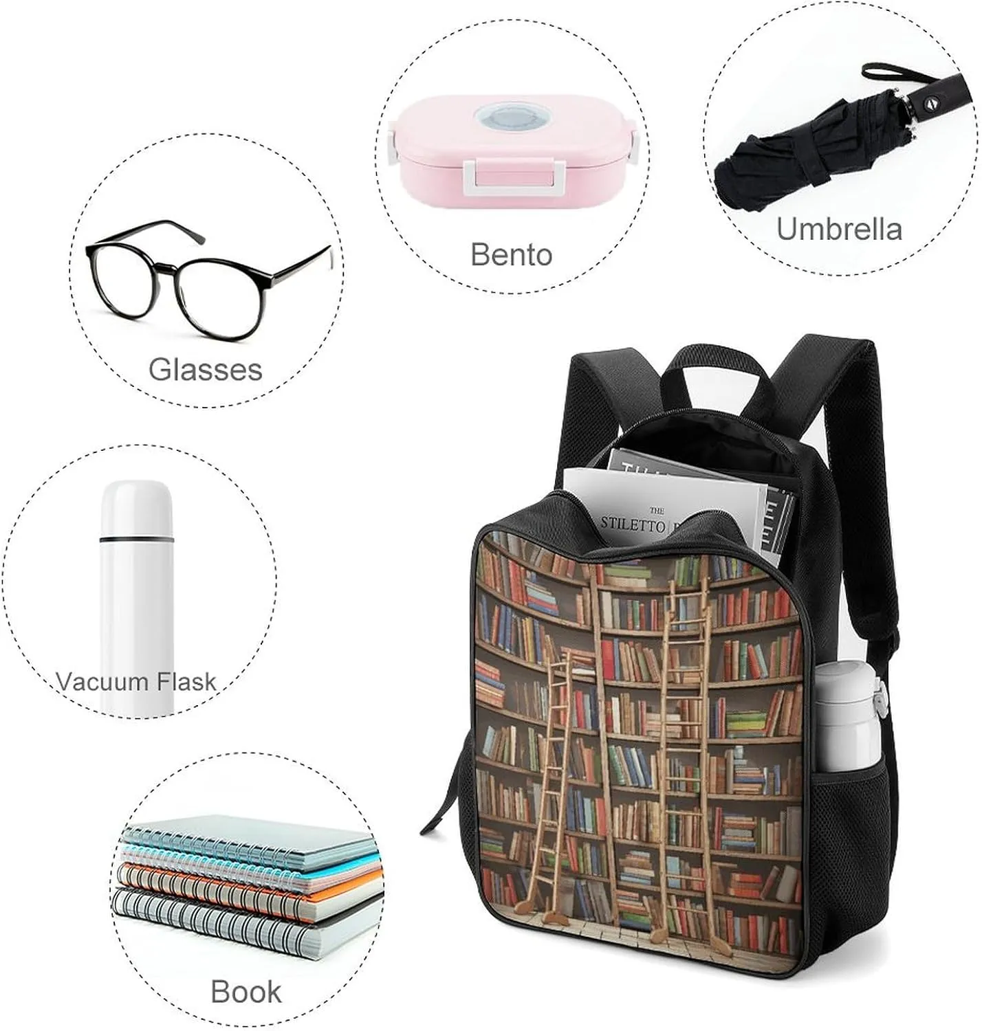 Lightweight Backpacks Cute Travel Bag Durable Funny Book Shelves Collection And Ladder Printing Small Travel Backpack For Women & Men