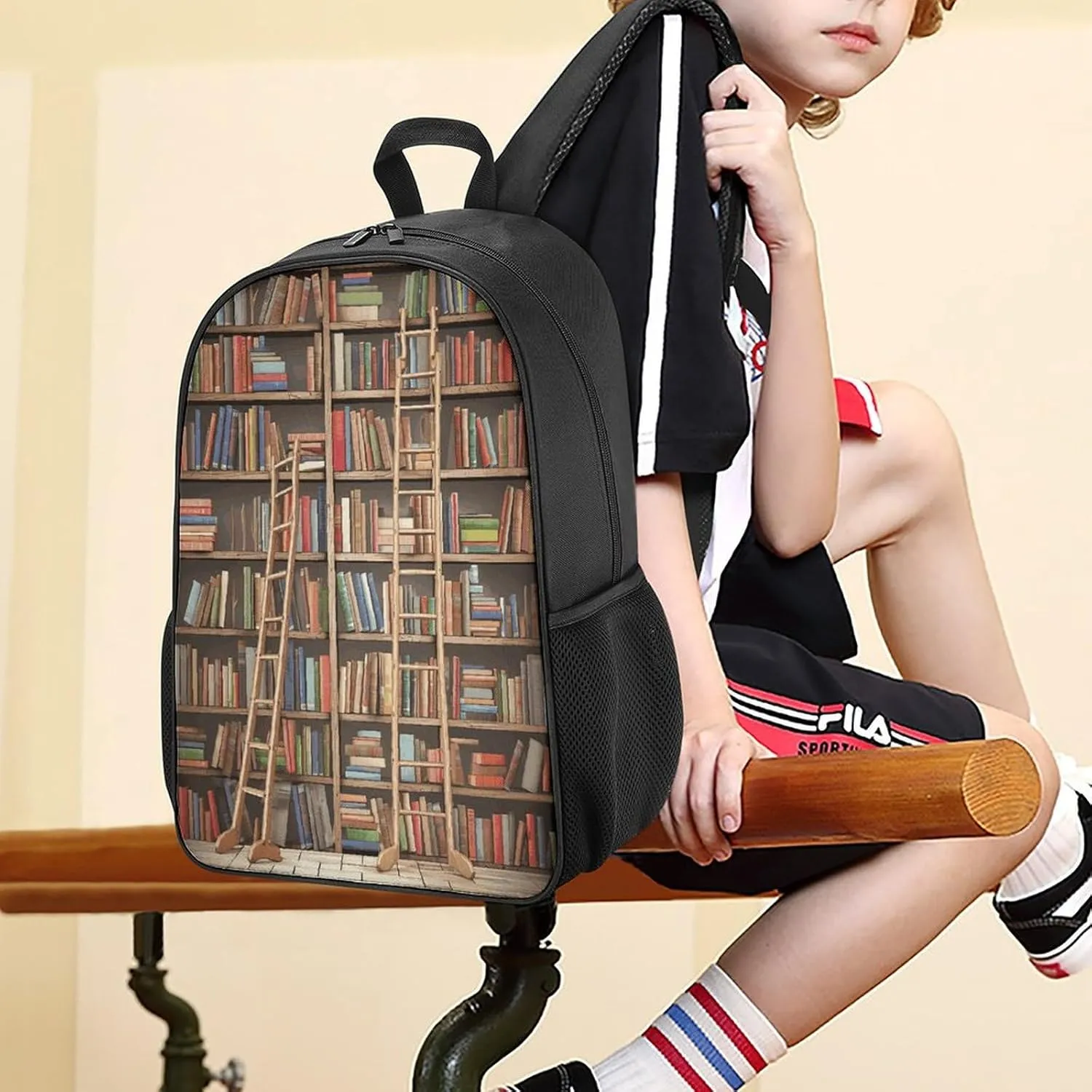 Lightweight Backpacks Cute Travel Bag Durable Funny Book Shelves Collection And Ladder Printing Small Travel Backpack For Women & Men