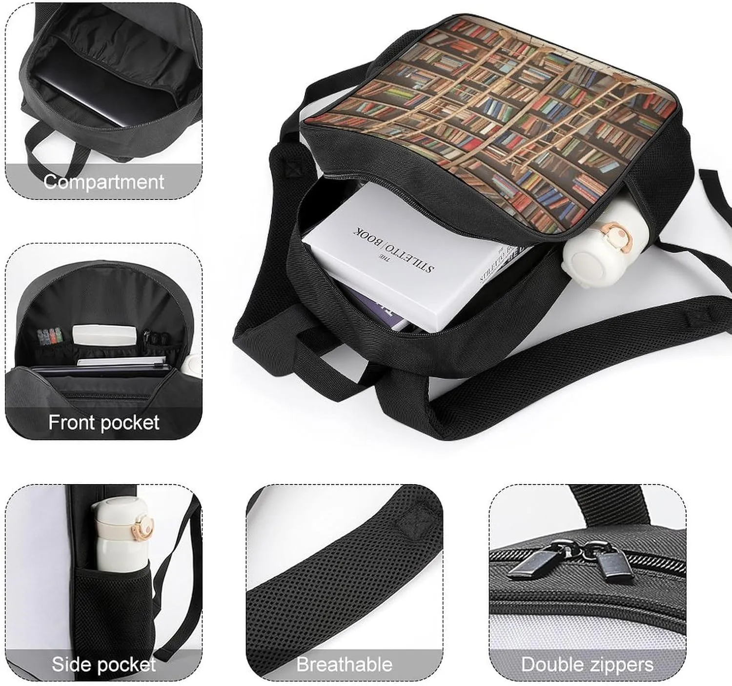 Lightweight Backpacks Cute Travel Bag Durable Funny Book Shelves Collection And Ladder Printing Small Travel Backpack For Women & Men