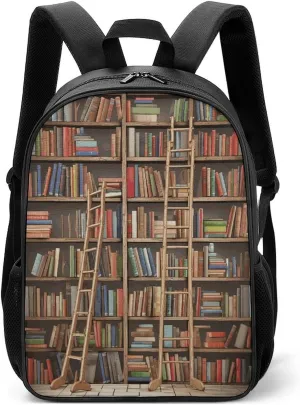 Lightweight Backpacks Cute Travel Bag Durable Funny Book Shelves Collection And Ladder Printing Small Travel Backpack For Women & Men