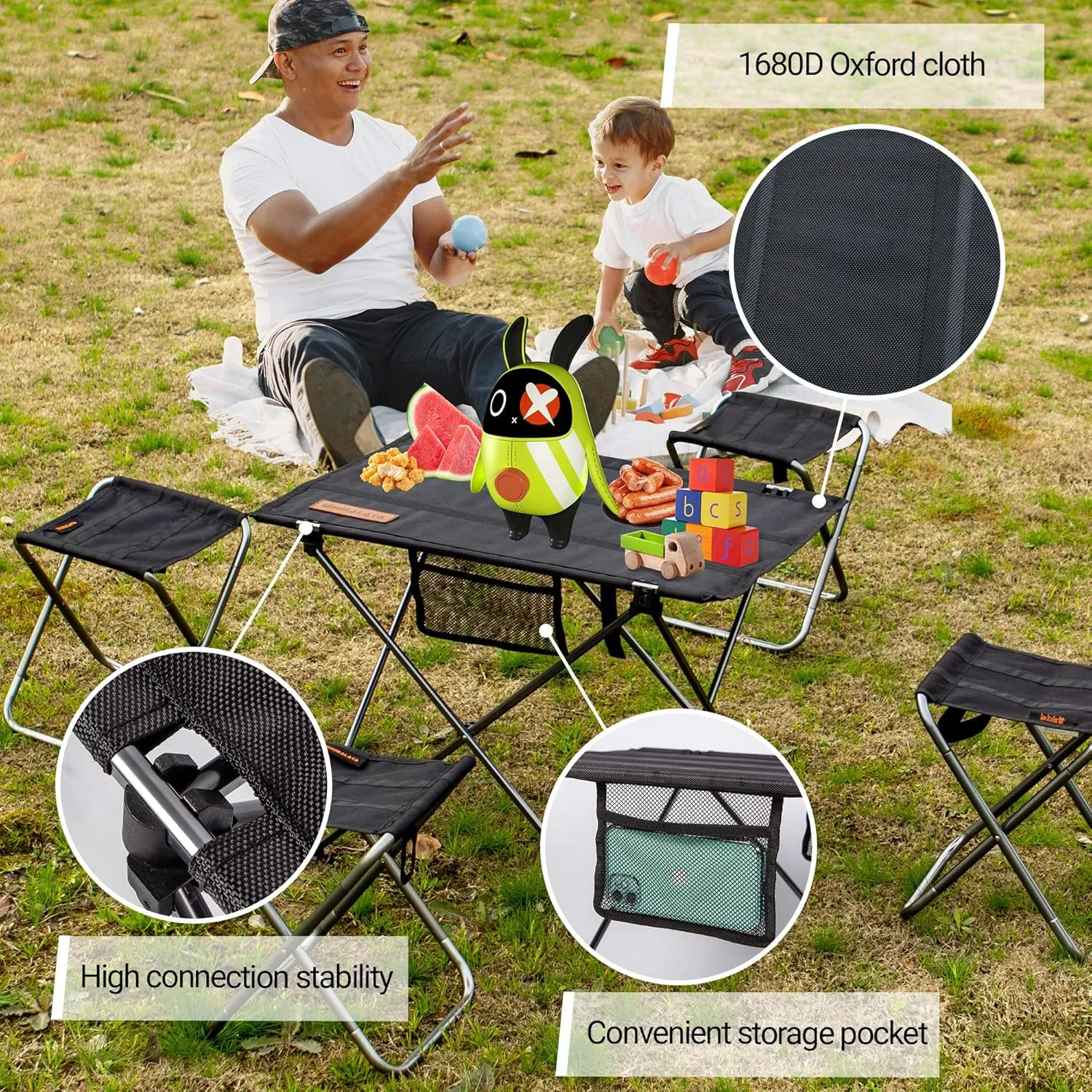 Lightweight Camping Folding Table Set, Small Durable Aluminum Frame and Seat for 3 People, Oxford Cloth Tabletop Aluminum for Outdoor Garden BBQ Beach Picnic (Large Table with 5 Chairs)