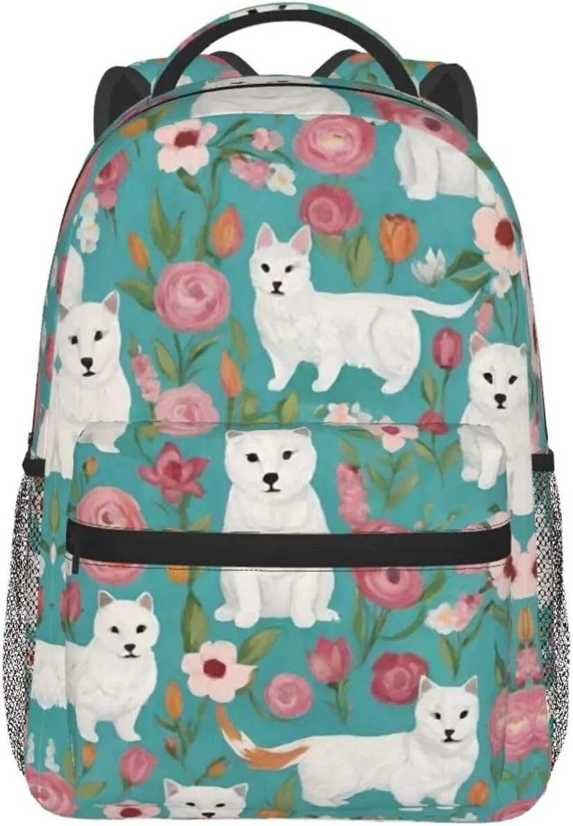 Lightweight Rucksacks for Camping Picnic Walking Cycling - Large Capacity Multipurpose Anti-Theft Carry On Bag, White Cat Floral Art Travel Hiking & Camping Rucksack