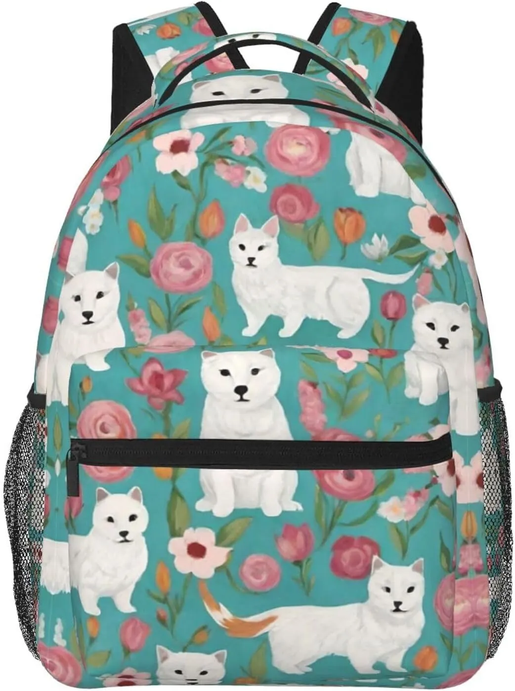 Lightweight Rucksacks for Camping Picnic Walking Cycling - Large Capacity Multipurpose Anti-Theft Carry On Bag, White Cat Floral Art Travel Hiking & Camping Rucksack
