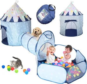 LimitlessFunN 4pc Kids Pop Up Play Tent, Crawl Tunnel, Ball Pit | Includes Star Lights & Carrying Case |, Children Indoor Castle Playhouse for Boys & Girls, Toddlers, 47" D x 126" W x 53" H