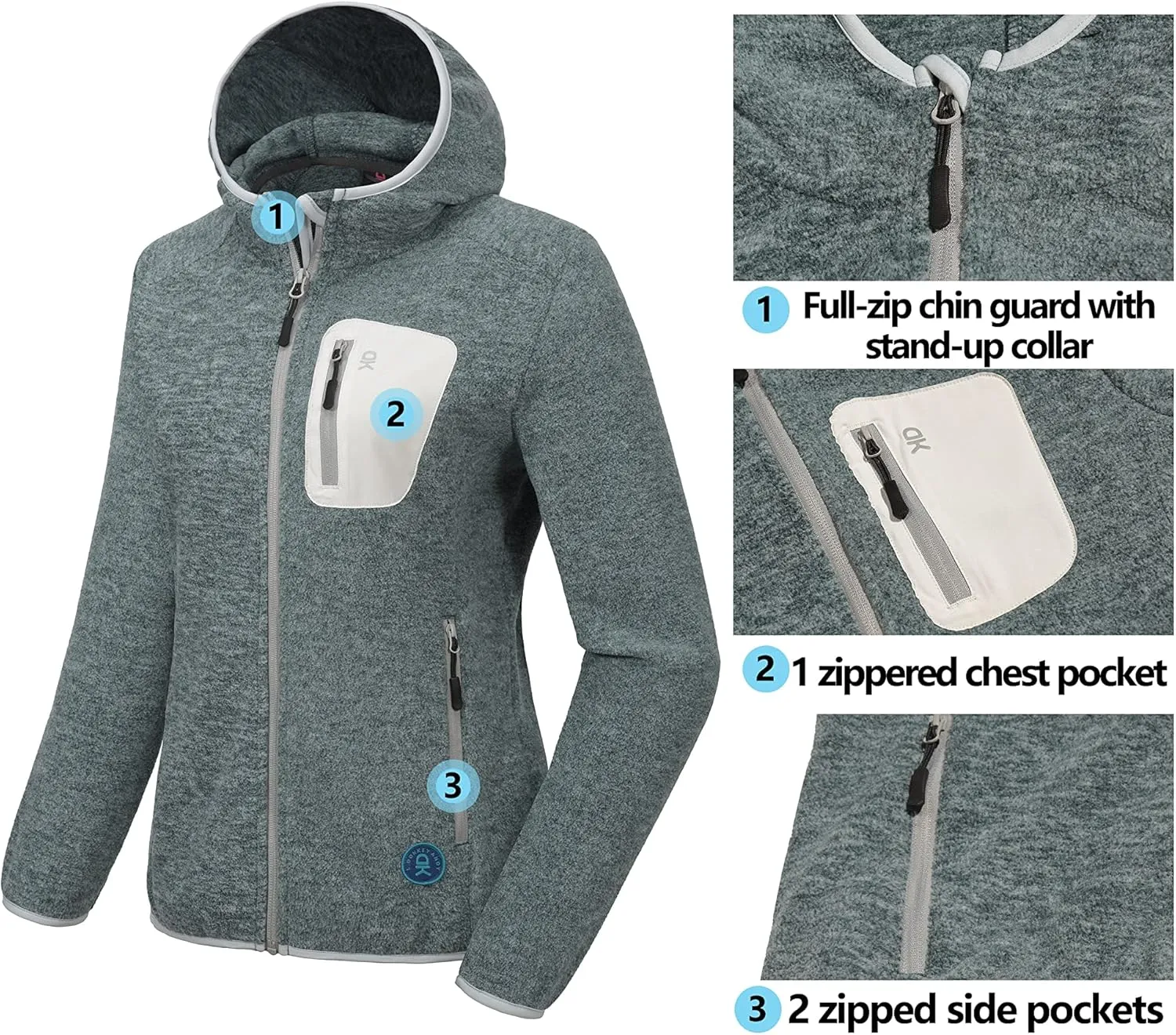 Little Donkey Andy Women's Lightweight Warm Polar Fleece Running Jacket Hooded Full-Zip Thermal Coat Hiking Travel Casual