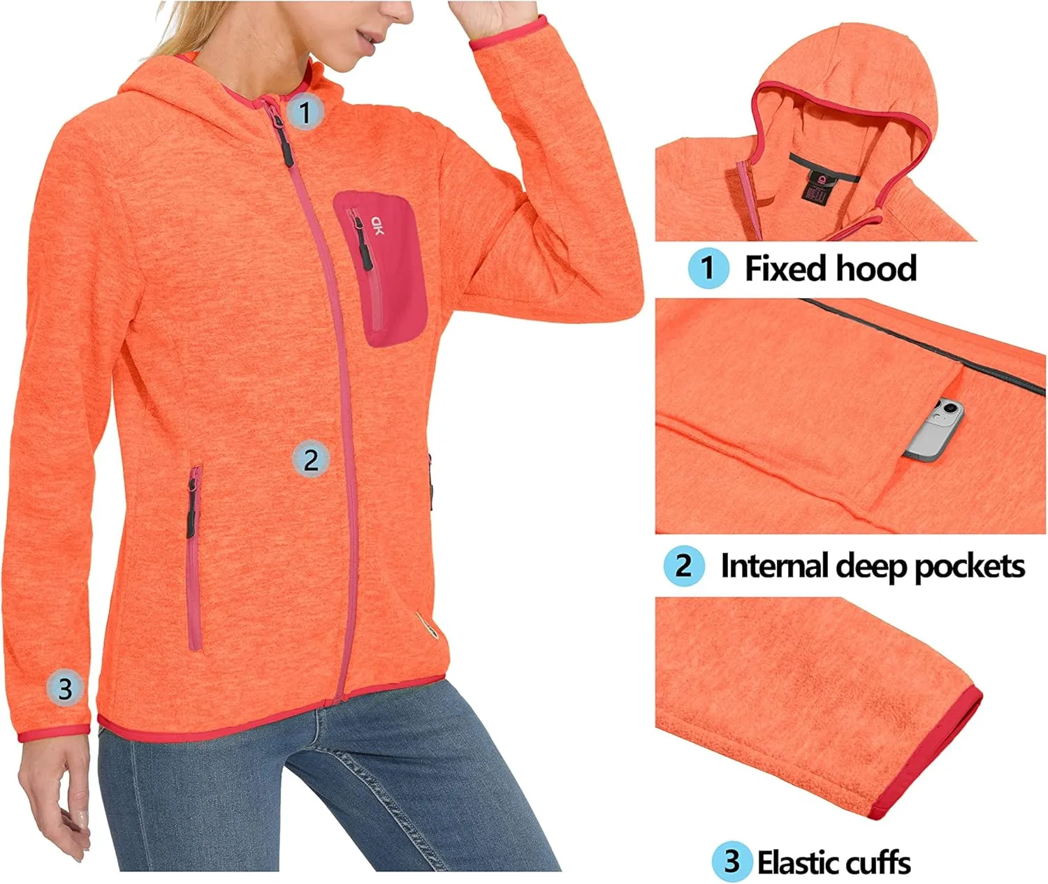 Little Donkey Andy Women's Lightweight Warm Polar Fleece Running Jacket Hooded Full-Zip Thermal Coat Hiking Travel Casual