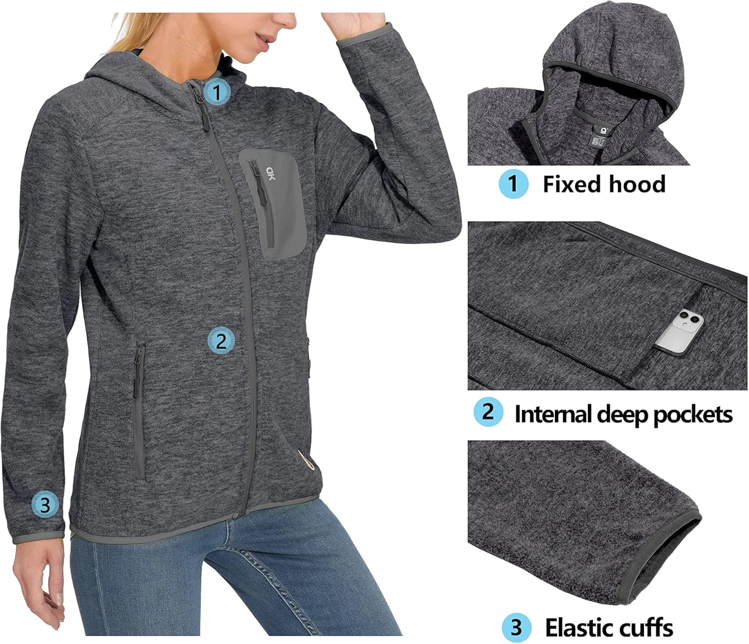 Little Donkey Andy Women's Lightweight Warm Polar Fleece Running Jacket Hooded Full-Zip Thermal Coat Hiking Travel Casual