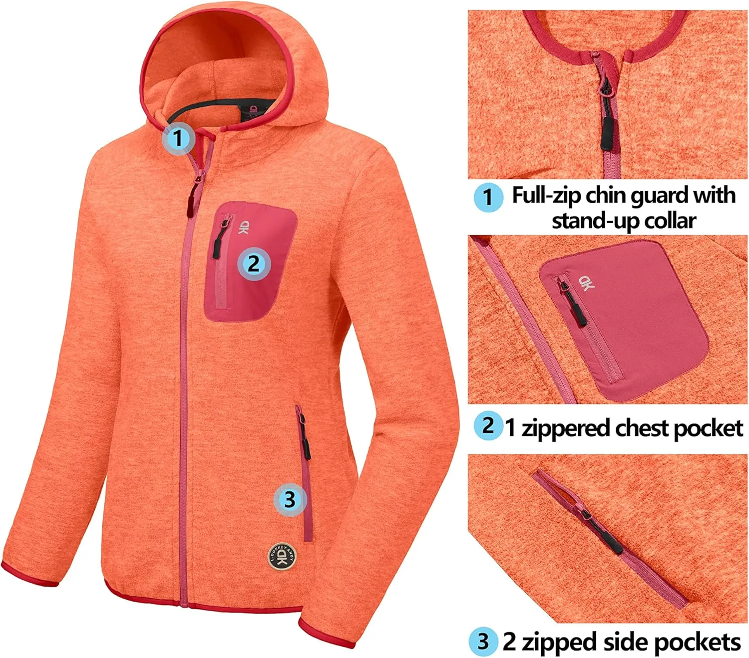 Little Donkey Andy Women's Lightweight Warm Polar Fleece Running Jacket Hooded Full-Zip Thermal Coat Hiking Travel Casual