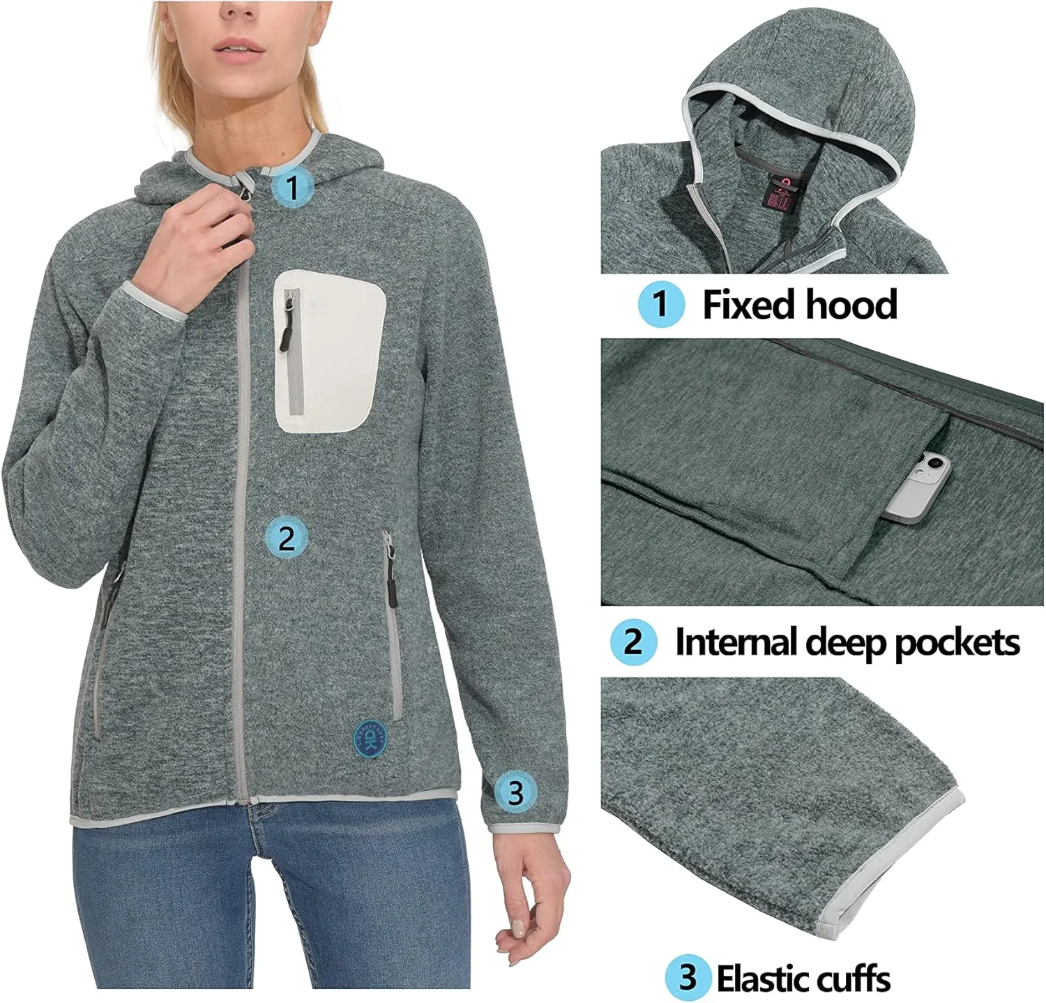 Little Donkey Andy Women's Lightweight Warm Polar Fleece Running Jacket Hooded Full-Zip Thermal Coat Hiking Travel Casual