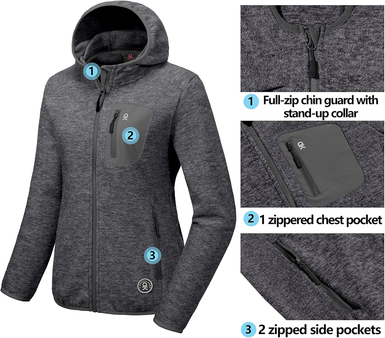 Little Donkey Andy Women's Lightweight Warm Polar Fleece Running Jacket Hooded Full-Zip Thermal Coat Hiking Travel Casual