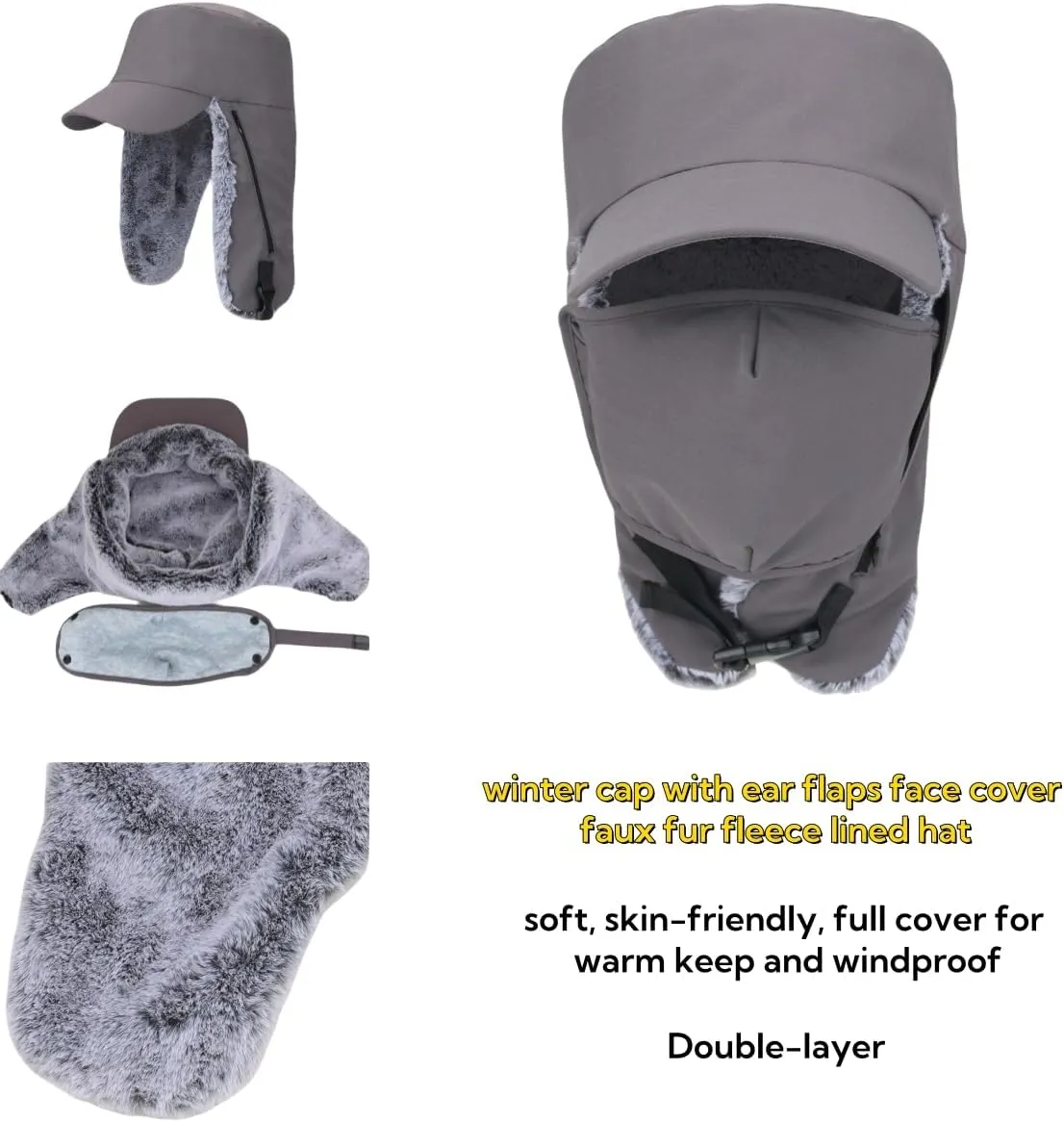 LLmoway Trapper Hat Warm Faux Fur Winter Cap with Ear Flaps Windproof Waterproof Snow Ski Hats for Men Women Cold Weather
