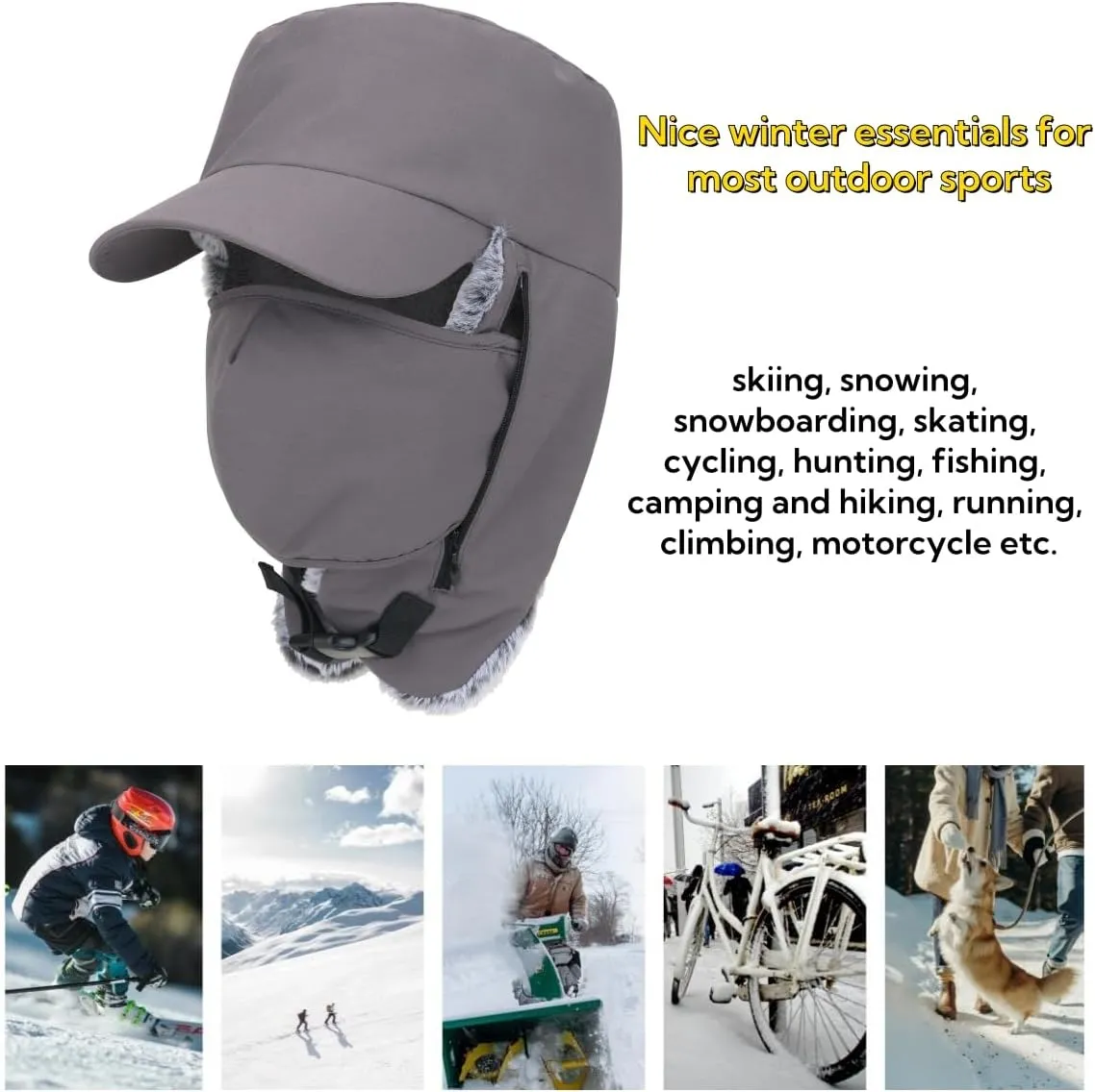 LLmoway Trapper Hat Warm Faux Fur Winter Cap with Ear Flaps Windproof Waterproof Snow Ski Hats for Men Women Cold Weather