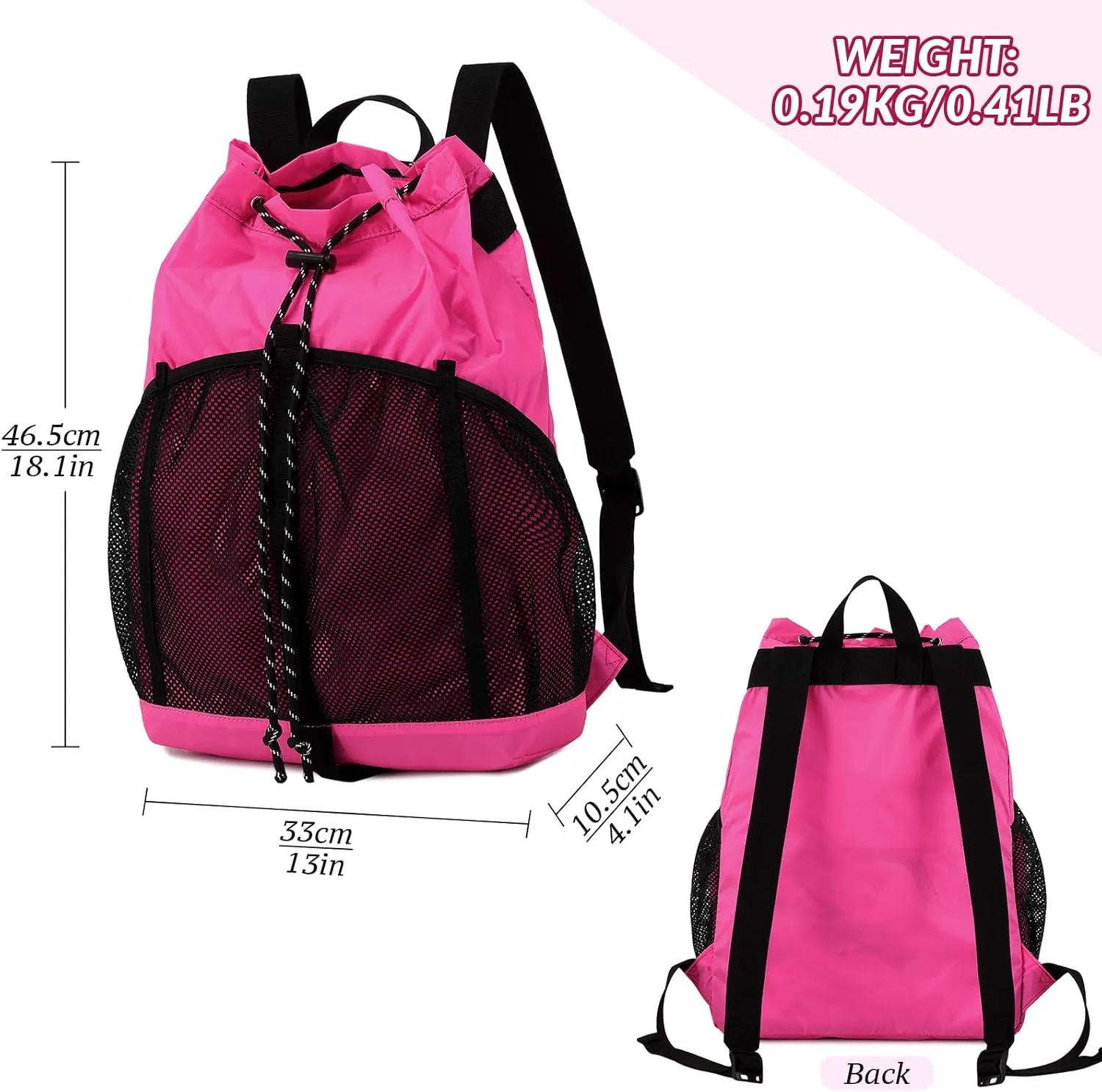 Lohol Lightweight Nylon Drawstring Backpack with Mesh Pockets for Women Men, Water Resistant String Bag for Sports Beach Swimming Camp Travel (Rose Pink)
