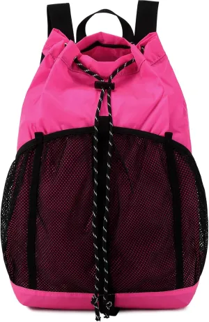 Lohol Lightweight Nylon Drawstring Backpack with Mesh Pockets for Women Men, Water Resistant String Bag for Sports Beach Swimming Camp Travel (Rose Pink)