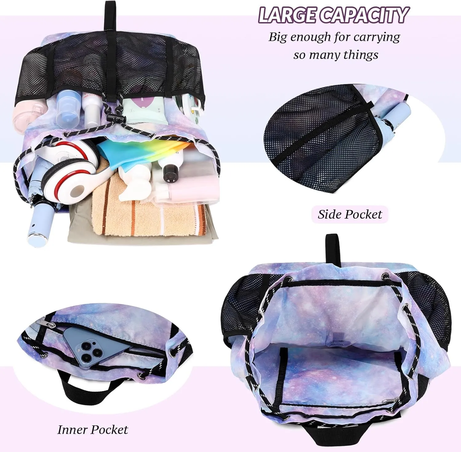 Lohol Lightweight Nylon Drawstring Backpack with Mesh Pockets for Women Men, Water Resistant String Bag for Sports Beach Swimming Camp Travel (Rose Pink)