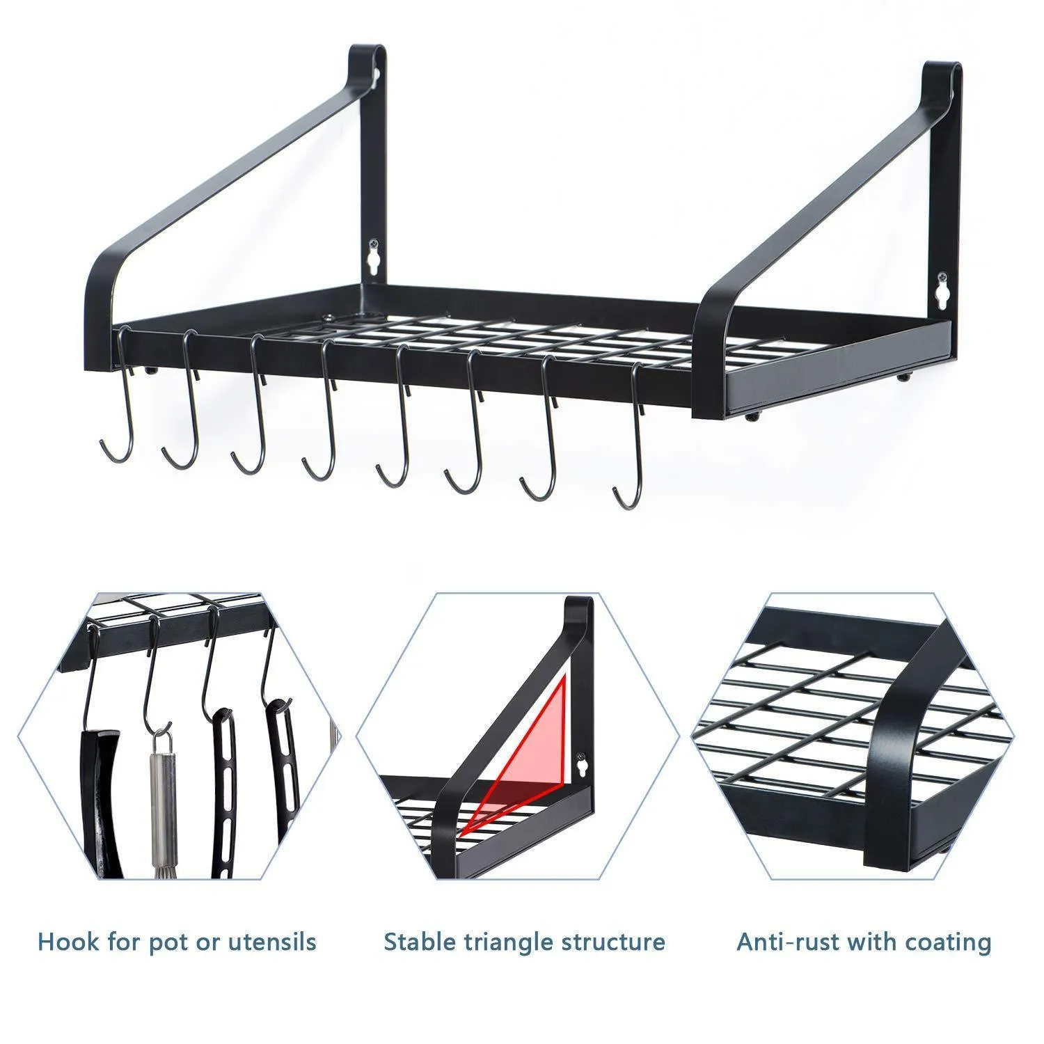 Love-KANKEI Pot Rack Wall Mounted 16.5" x 12" - Pan Pot Organizer with 16 Hooks for Cookware Utensils Organization Set of 2