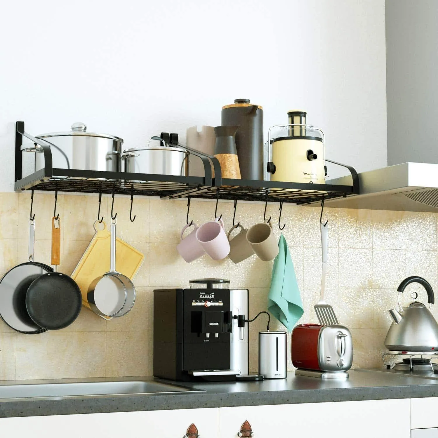 Love-KANKEI Pot Rack Wall Mounted 16.5" x 12" - Pan Pot Organizer with 16 Hooks for Cookware Utensils Organization Set of 2