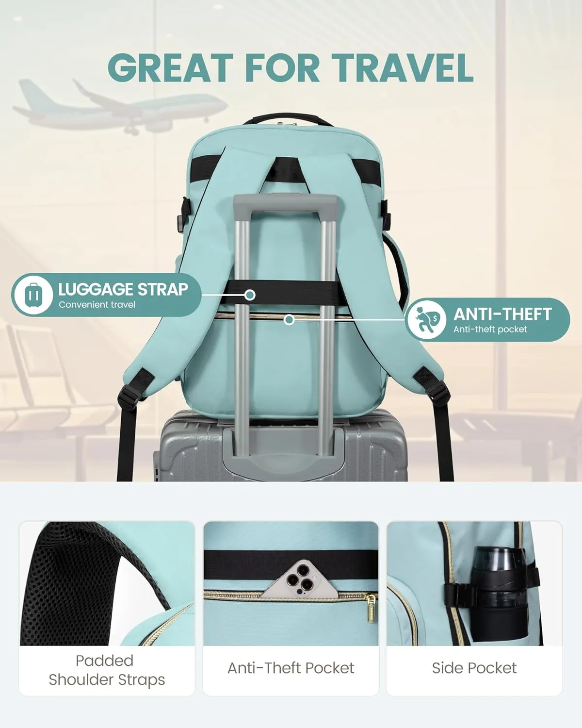 LOVEVOOK Carry on Backpack, 50L Travel Backpack as Personal Item Flight Approved, Waterproof Large 18inch Laptop Luggage Daypack Business Weekender Overnight with 3 Packing Cubes, Mint green