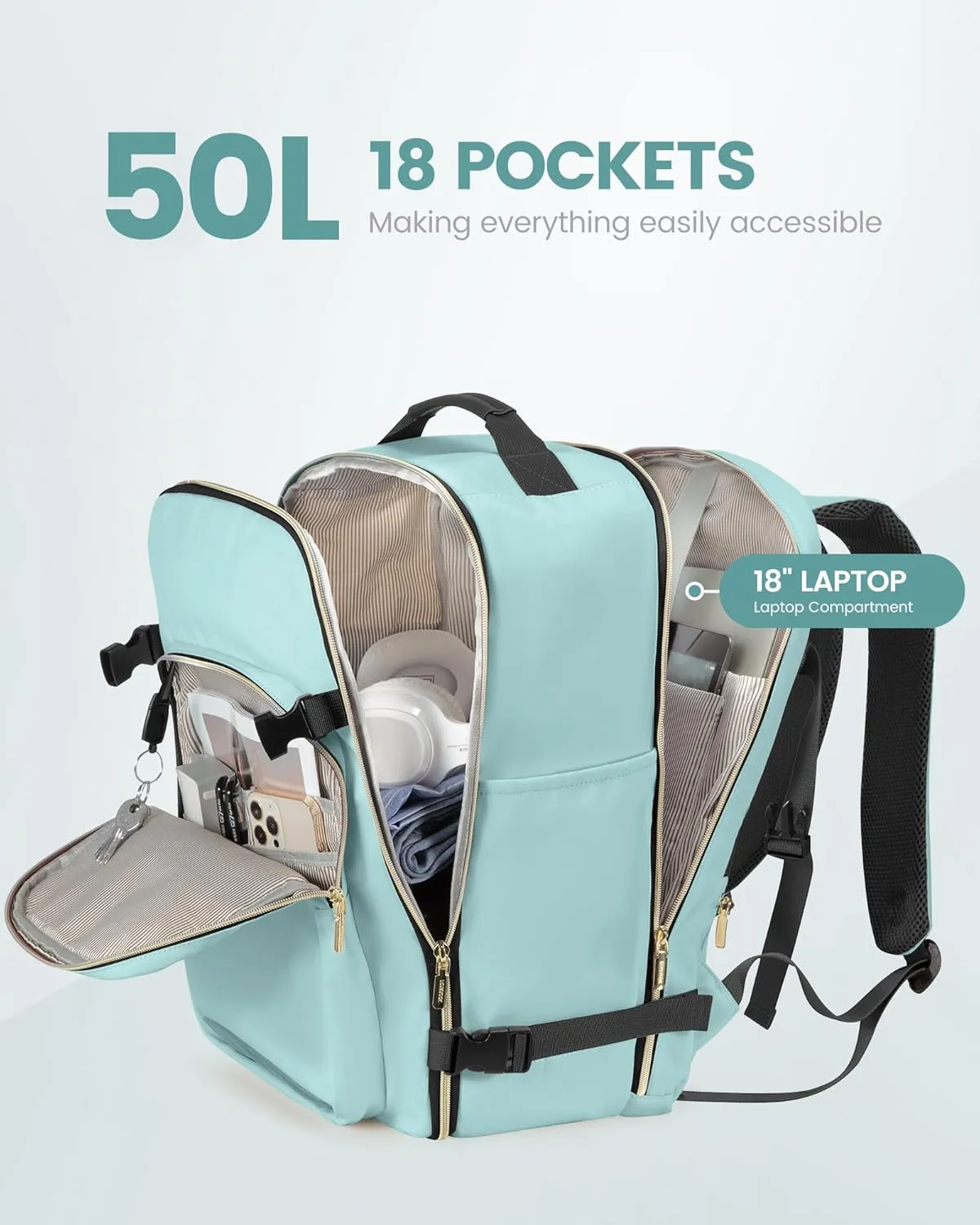 LOVEVOOK Carry on Backpack, 50L Travel Backpack as Personal Item Flight Approved, Waterproof Large 18inch Laptop Luggage Daypack Business Weekender Overnight with 3 Packing Cubes, Mint green