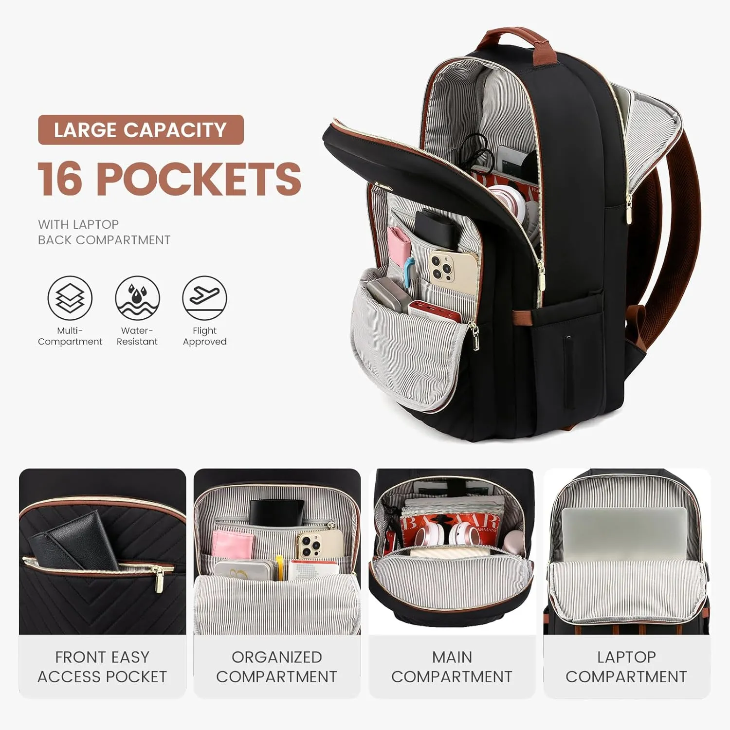 LOVEVOOK Laptop Backpack for Women 15.6 inch,Cute Womens Travel Backpack Purse,Professional Laptop Computer Bag,Waterproof Work Business College Teacher Bag Carry on Backpack with USB Port,Black Brown