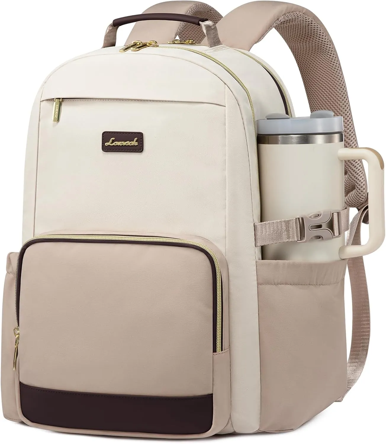 LOVEVOOK Laptop Backpack for Women with Pouch Pocket for Large Capacity Cup,15.6 Inch Laptop Computer Bag Travel Backpack Purse,Waterproof Work Business College Teacher Backpack,Beige-Nude-Logam Plum