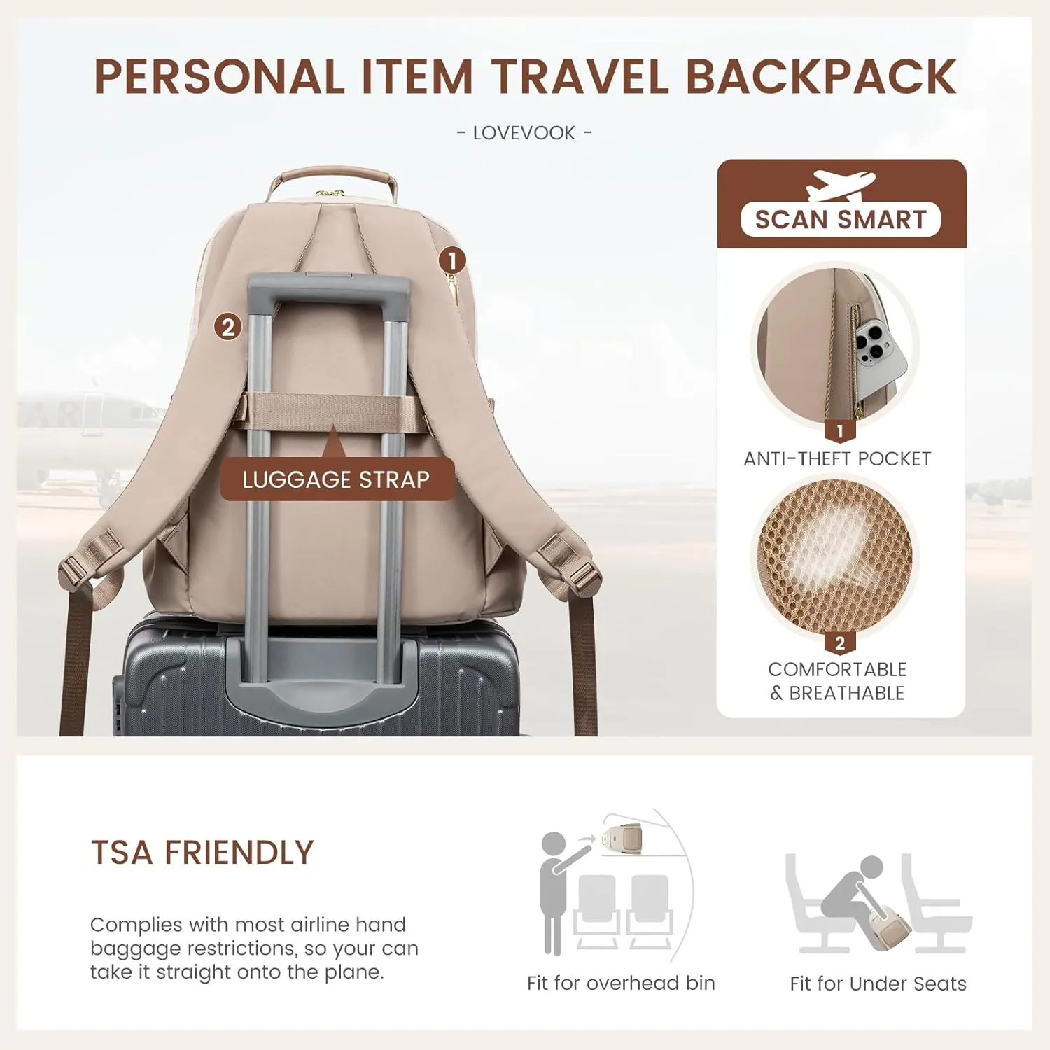 LOVEVOOK Laptop Backpack for Women with Pouch Pocket for Large Capacity Cup,15.6 Inch Laptop Computer Bag Travel Backpack Purse,Waterproof Work Business College Teacher Backpack,Beige-Nude-Logam Plum