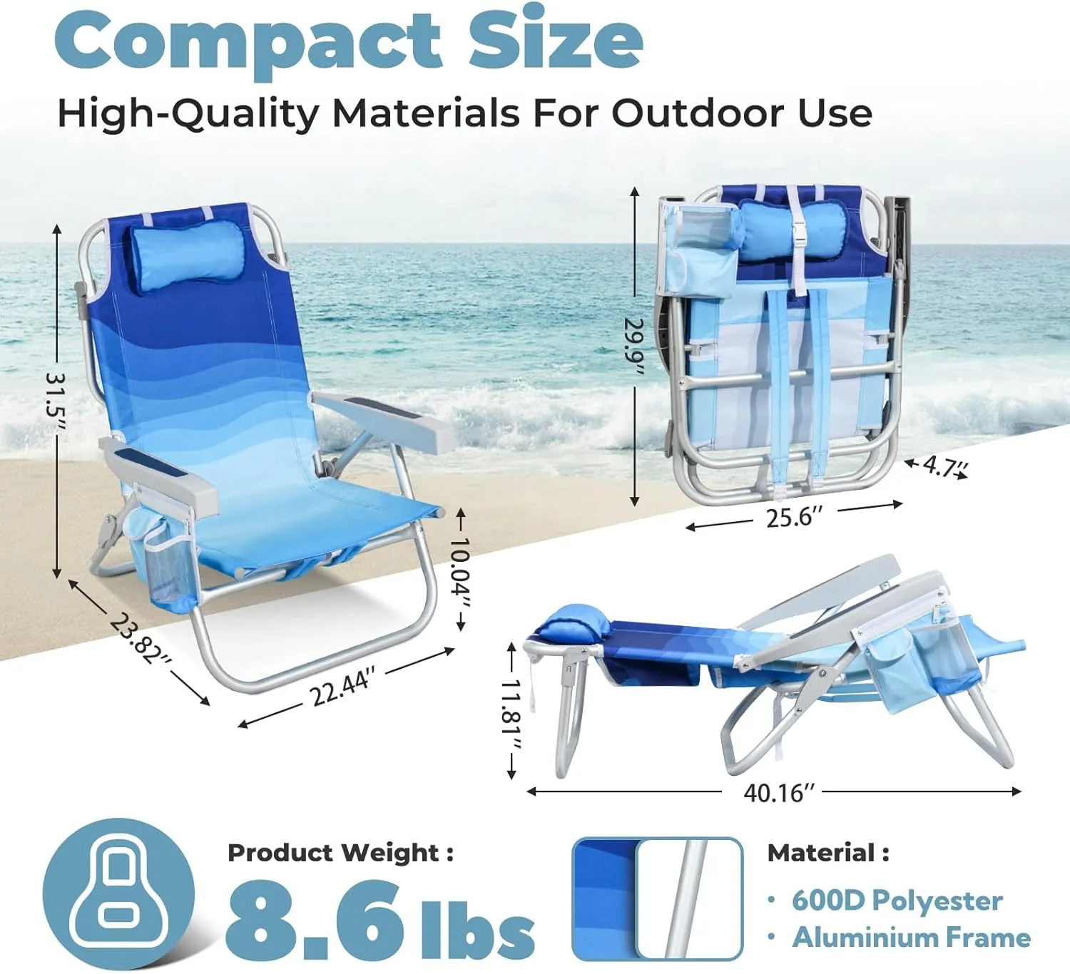 Low Beach Chairs for Adults 2 Pack – 5-Position Reclining Backpack Beach Chair with Large Insulated Cooler & Storage Pocket, Lightweight Folding Portable Sand Chair for Travel & Outdoor, Wave Blue