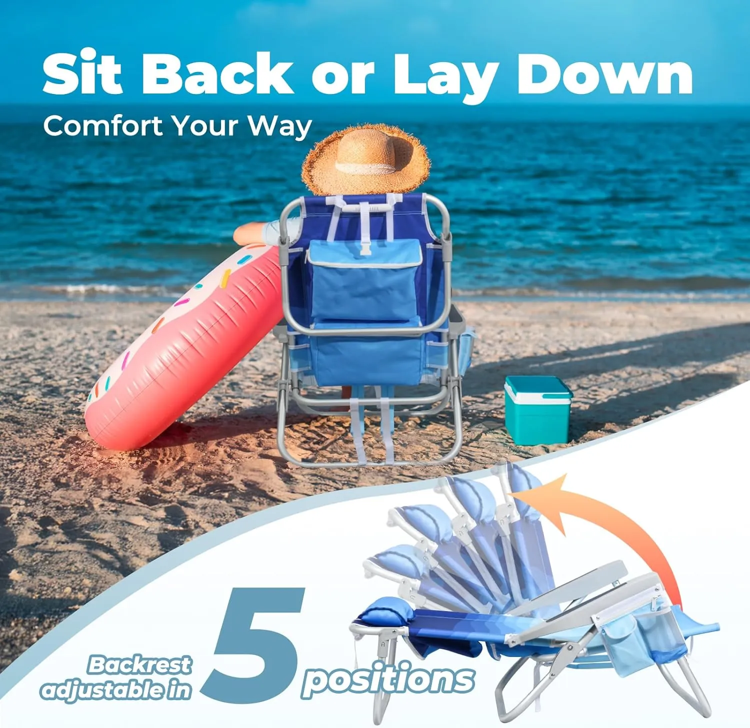 Low Beach Chairs for Adults 2 Pack – 5-Position Reclining Backpack Beach Chair with Large Insulated Cooler & Storage Pocket, Lightweight Folding Portable Sand Chair for Travel & Outdoor, Wave Blue