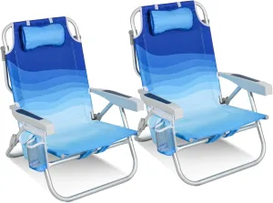 Low Beach Chairs for Adults 2 Pack – 5-Position Reclining Backpack Beach Chair with Large Insulated Cooler & Storage Pocket, Lightweight Folding Portable Sand Chair for Travel & Outdoor, Wave Blue