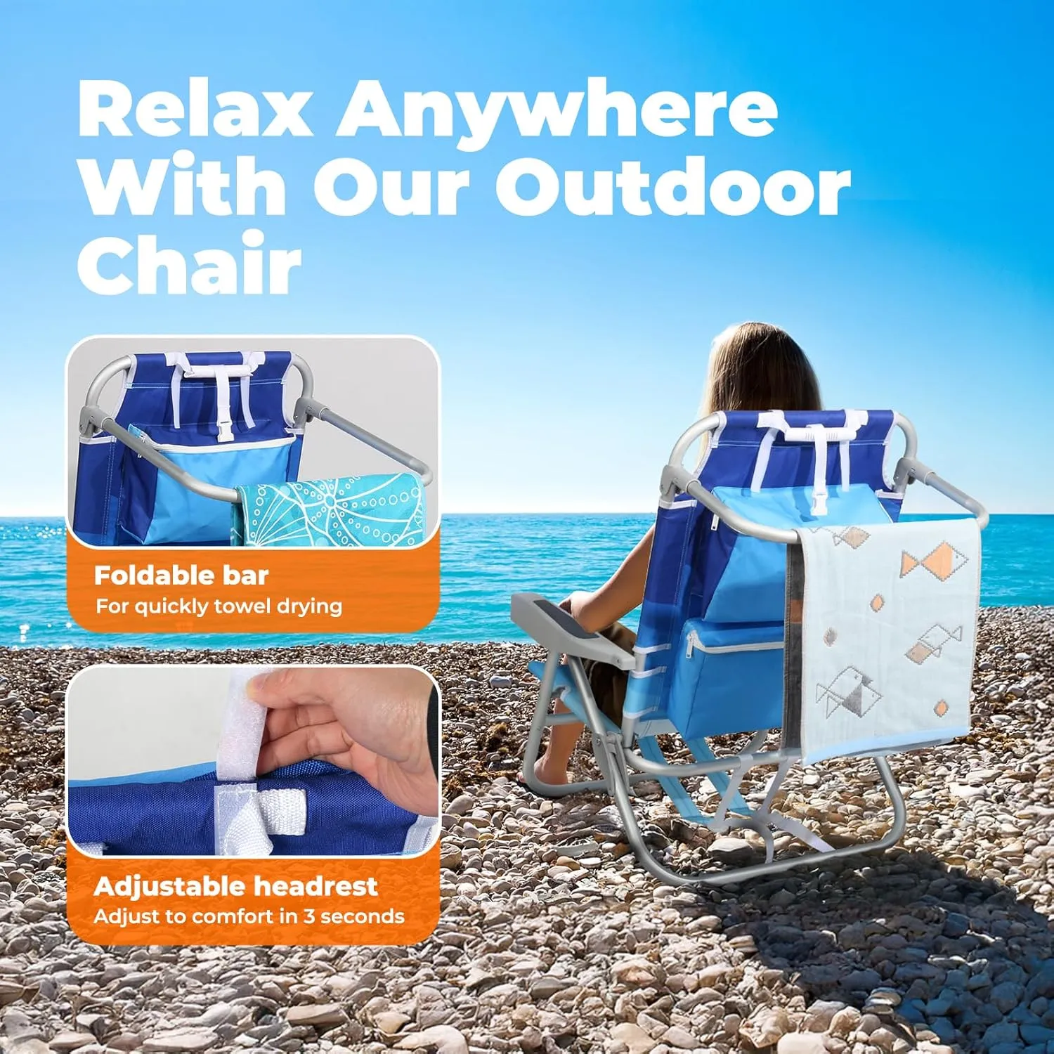 Low Beach Chairs for Adults 2 Pack – 5-Position Reclining Backpack Beach Chair with Large Insulated Cooler & Storage Pocket, Lightweight Folding Portable Sand Chair for Travel & Outdoor, Wave Blue