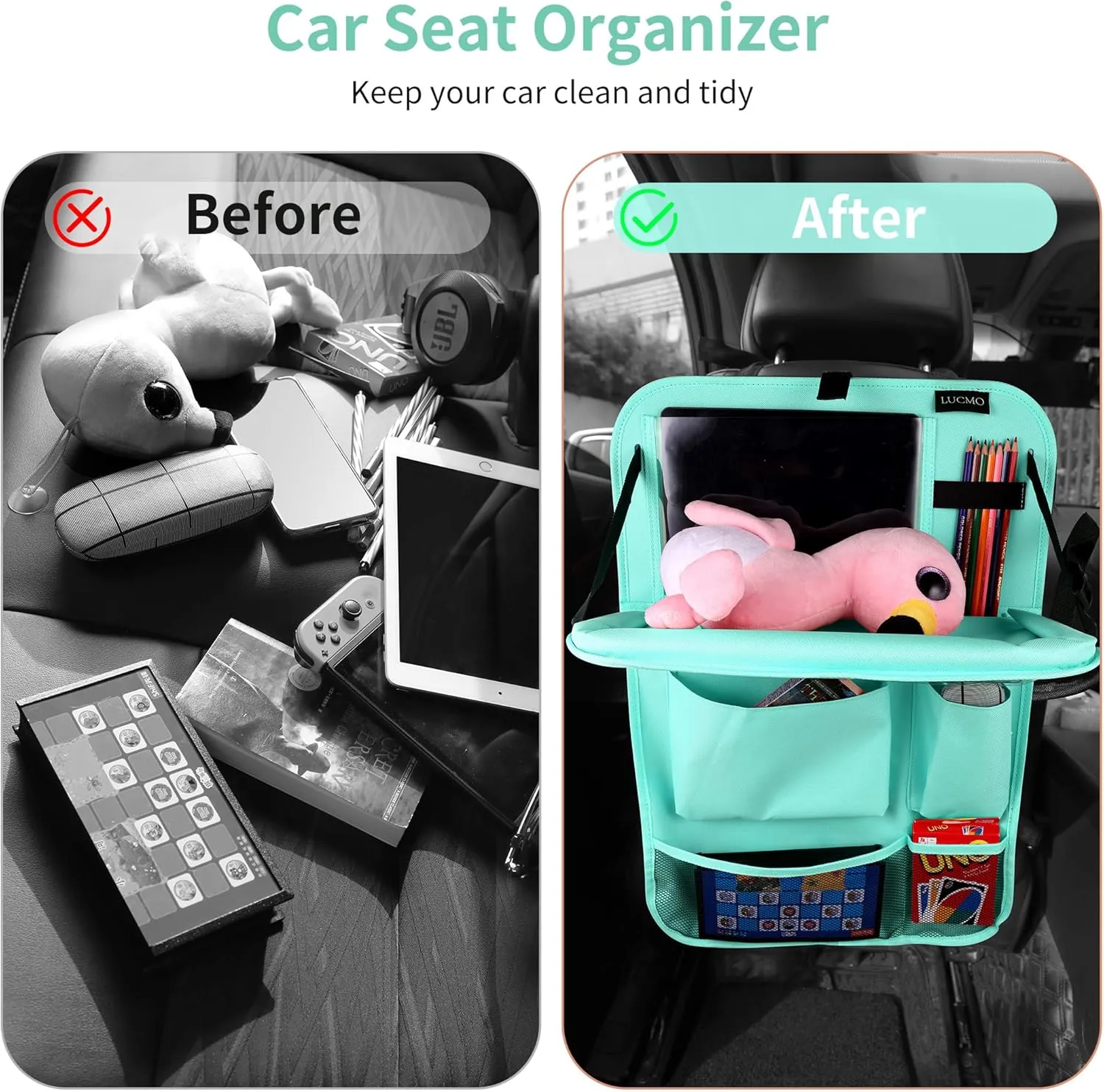 LUCMO Car Backseat Organizer with Tablet Holder-2 Pcs,6 Storage Pockets Car Storage Organizer with Foldable Food Tray,Protectors Kick Mats Travel Accessories-Light Blue